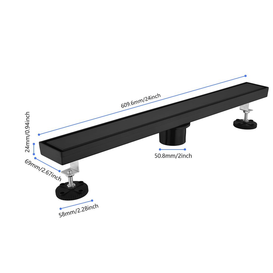 24 Inches Linear Shower Drain With Removable Cover, 304 Stainless Shower Drain Included Hair Strainer And Leveling Feet Matte Black Stainless Steel