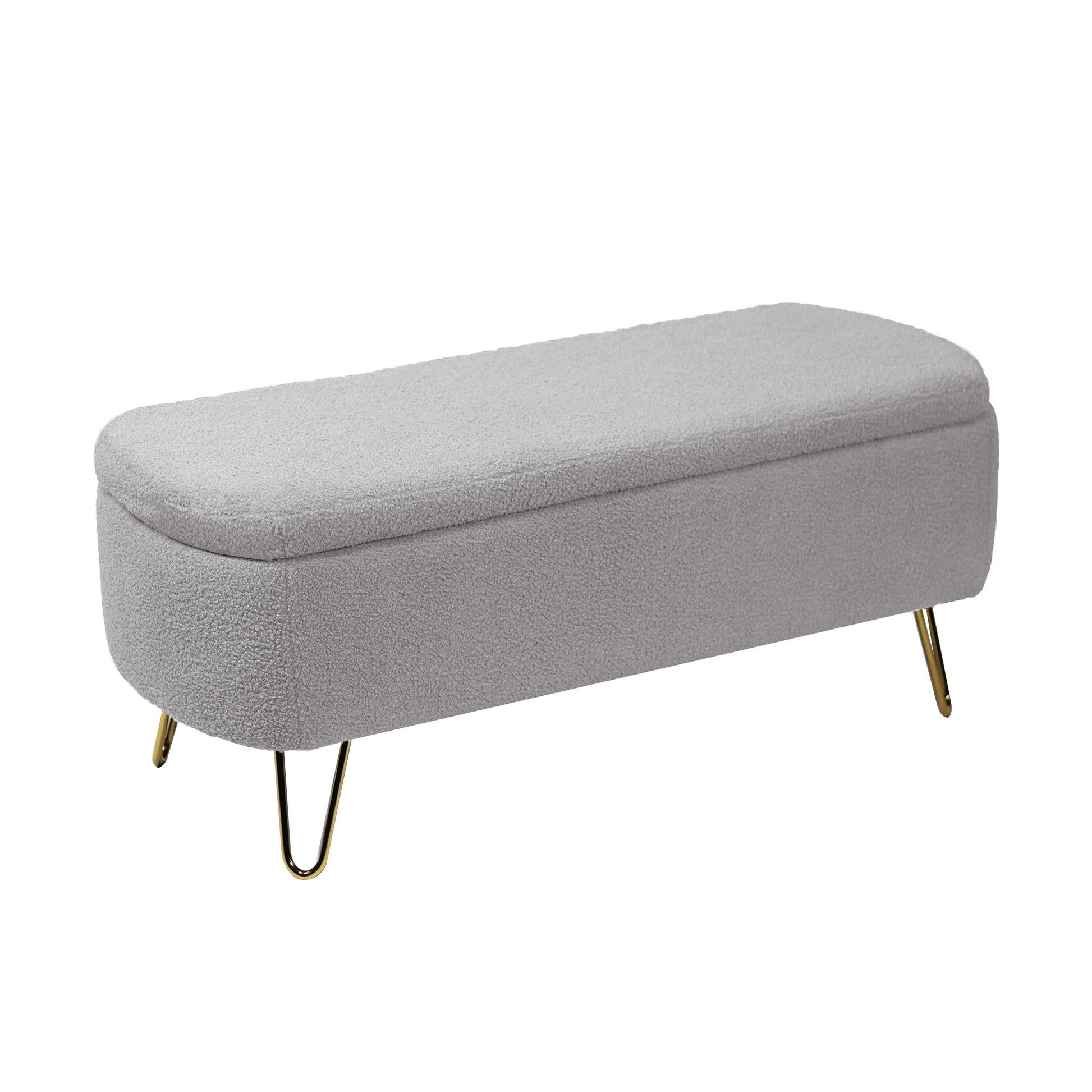 Grey Storage Ottoman Bench For End Of Bed Gold Legs, Modern Grey Faux Fur Entryway Bench Upholstered Padded With Storage For Living Room Bedroom Grey Faux Fur