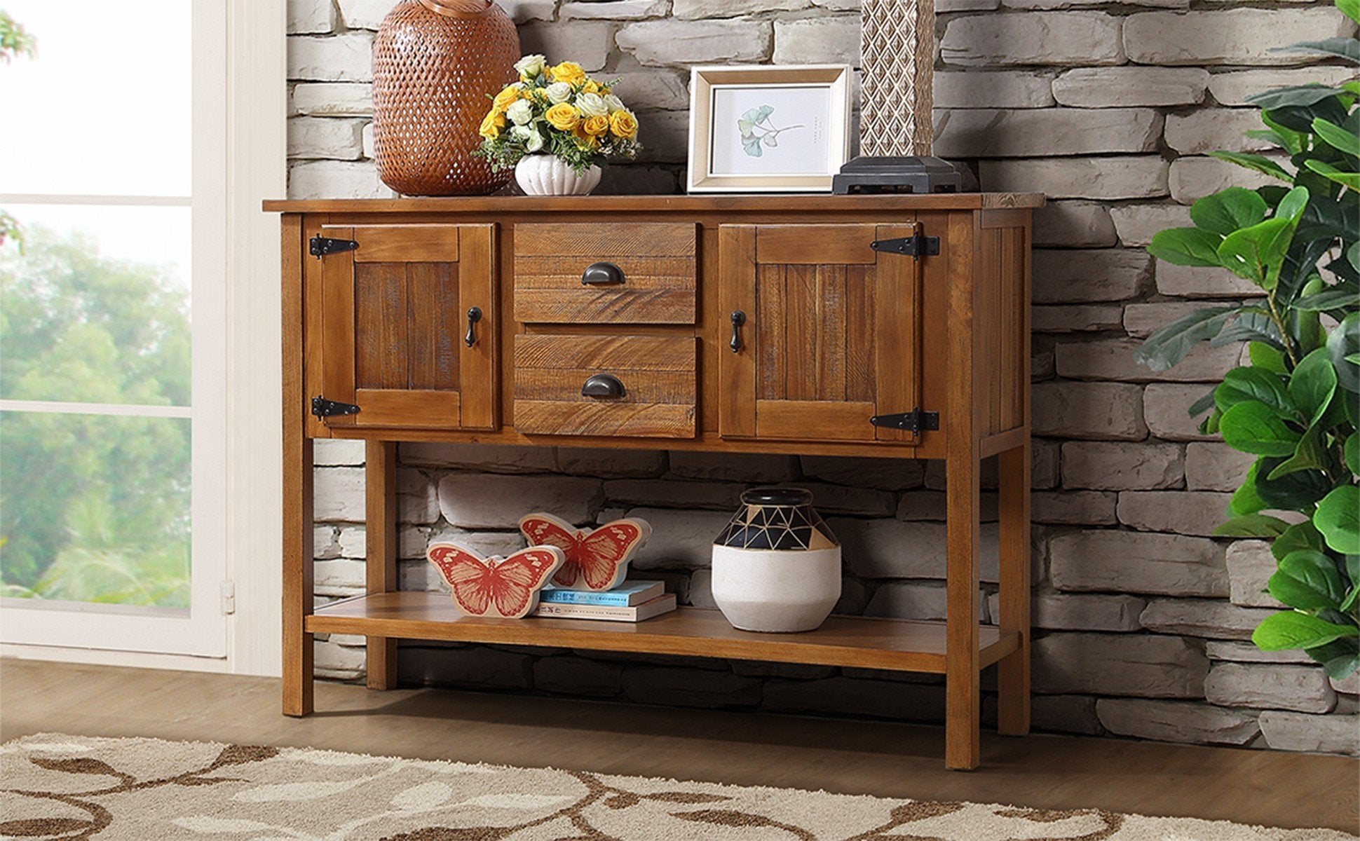 48'' Solid Wood Sideboard Console Table With 2 Drawers And Cabinets And Bottom Shelf, Retro Style Storage Dining Buffet Server Cabinet For Living Room Kitchen Dining Room Brown Brown Pine