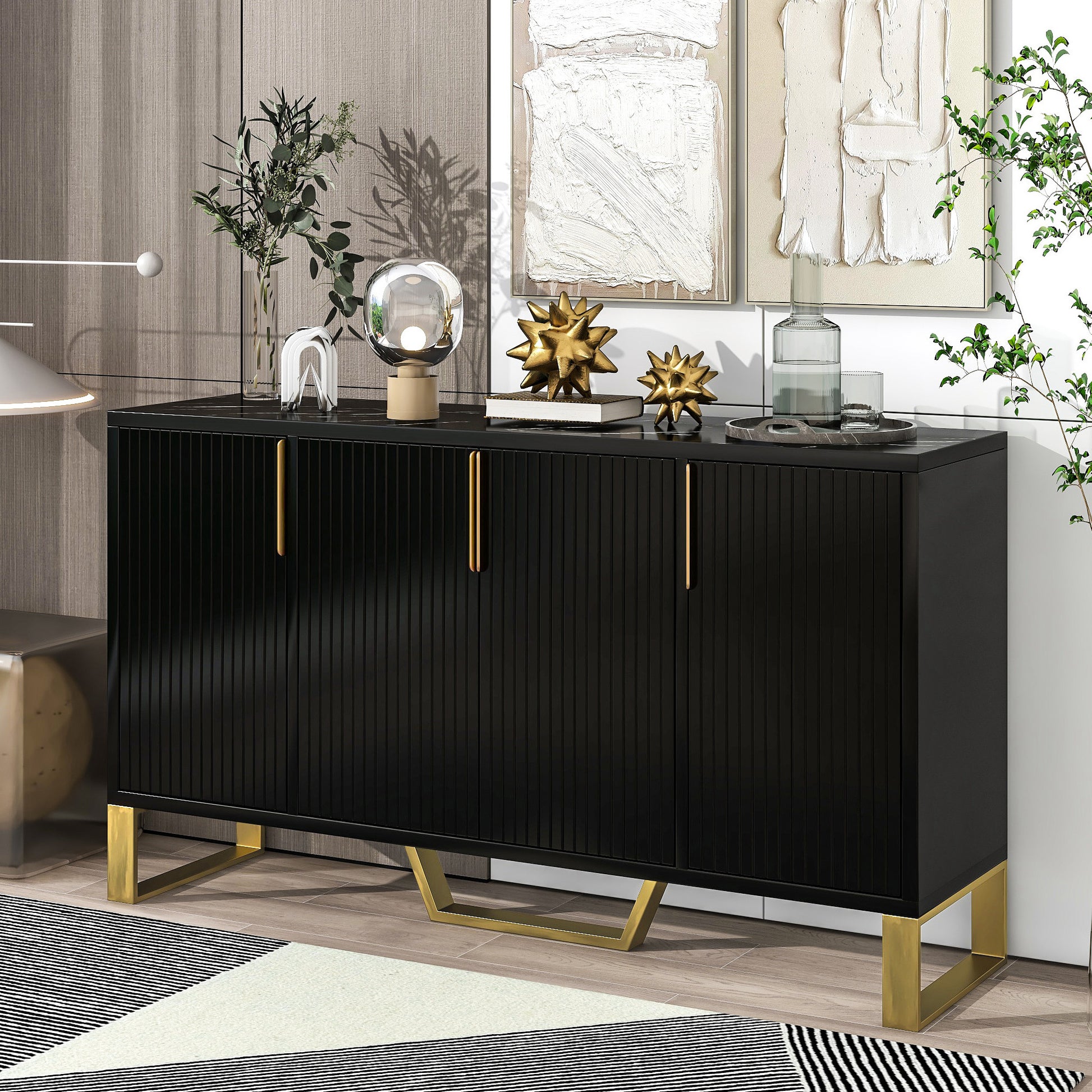 Modern Sideboard With Four Doors, Metal Handles & Legs And Adjustable Shelves Kitchen Cabinet Black Black Particle Board