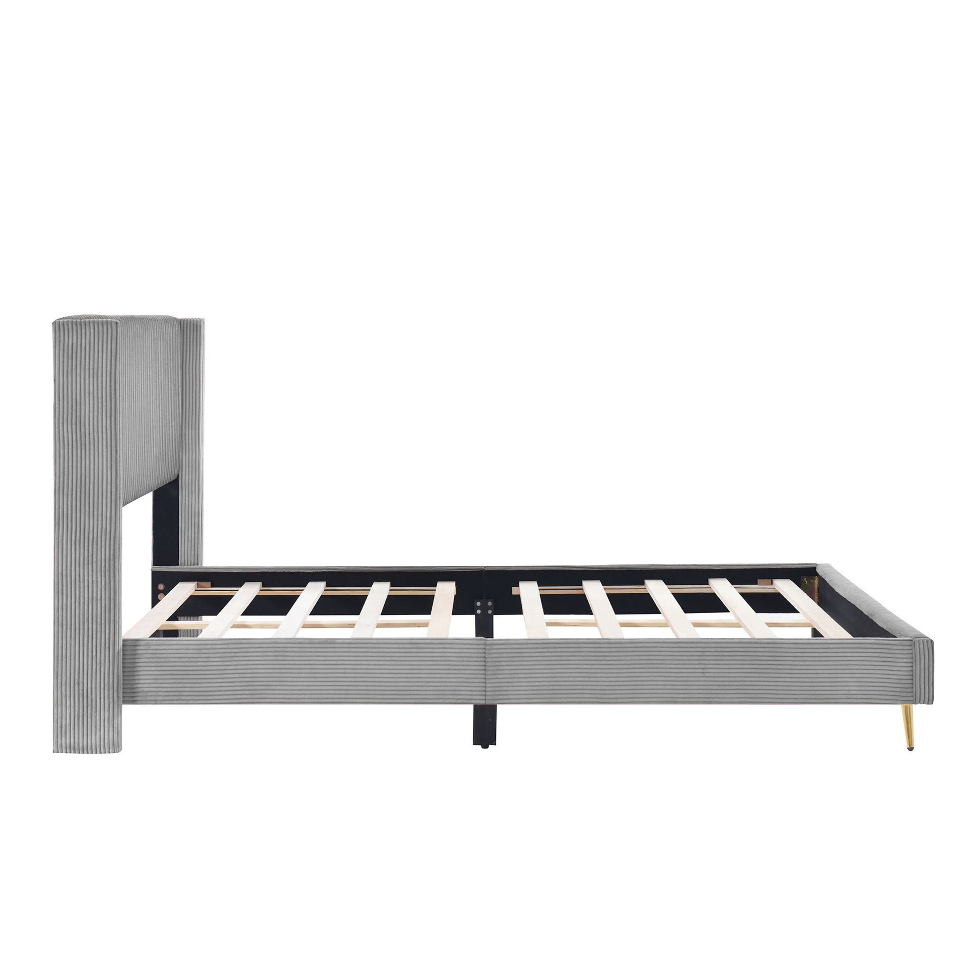 Queen Size Corduroy Platform Bed With Metal Legs, Gray Gray Corduroy