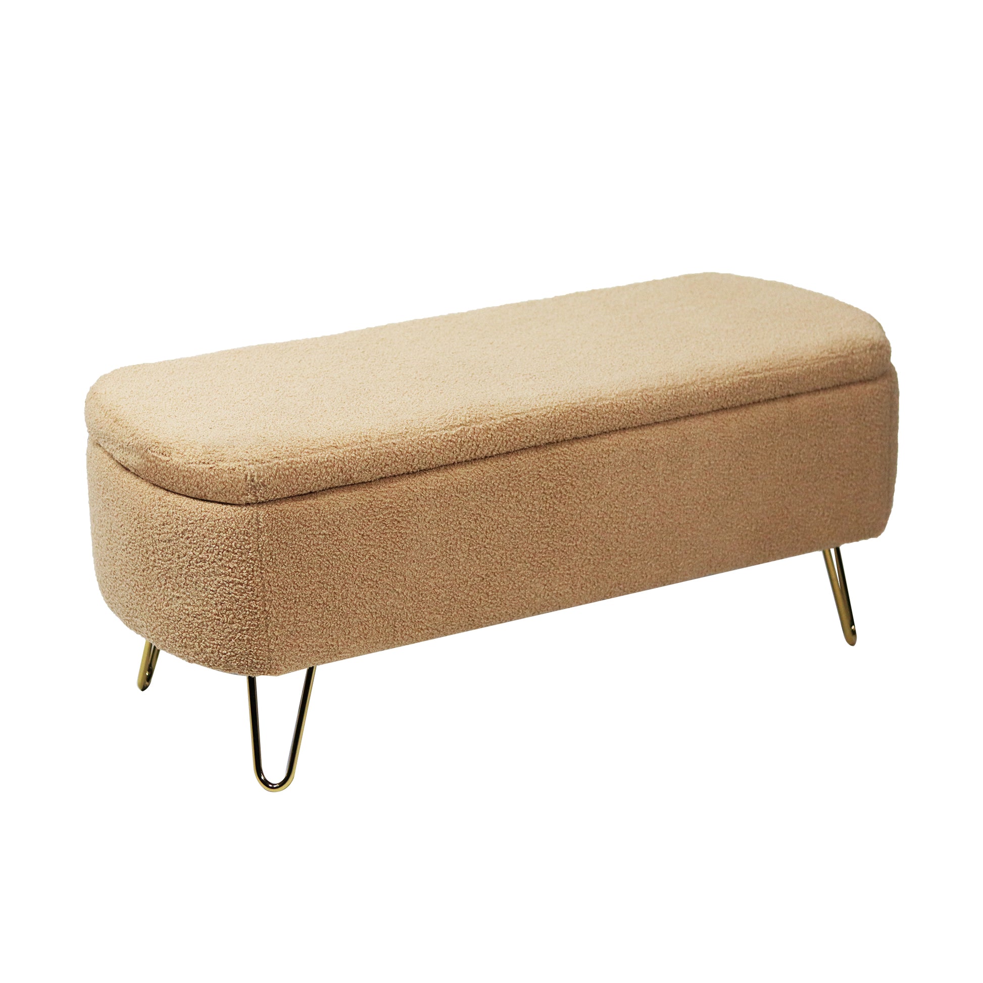 Camel Storage Ottoman Bench For End Of Bed Gold Legs, Modern Camel Faux Fur Entryway Bench Upholstered Padded With Storage For Living Room Bedroom Camel Faux Fur