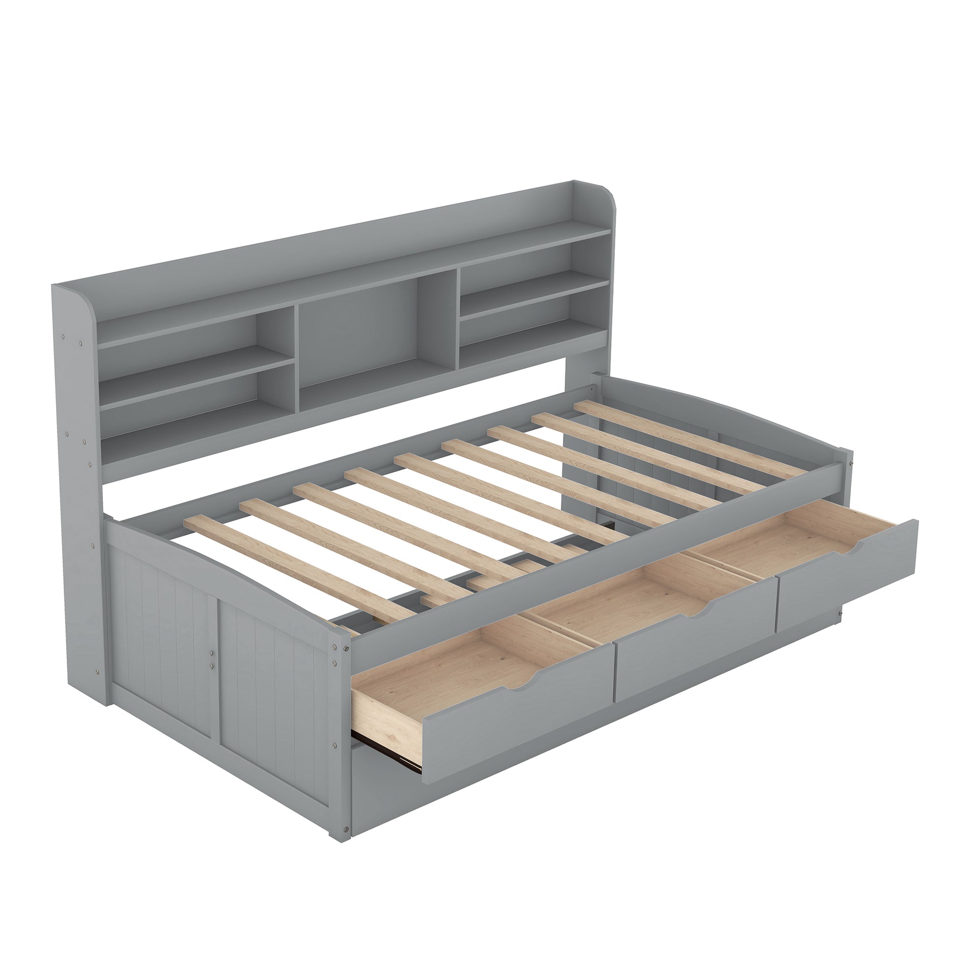 Twin Size Wooden Captain Bed With Built In Bookshelves,Three Storage Drawers And Trundle,Light Grey Grey Pine