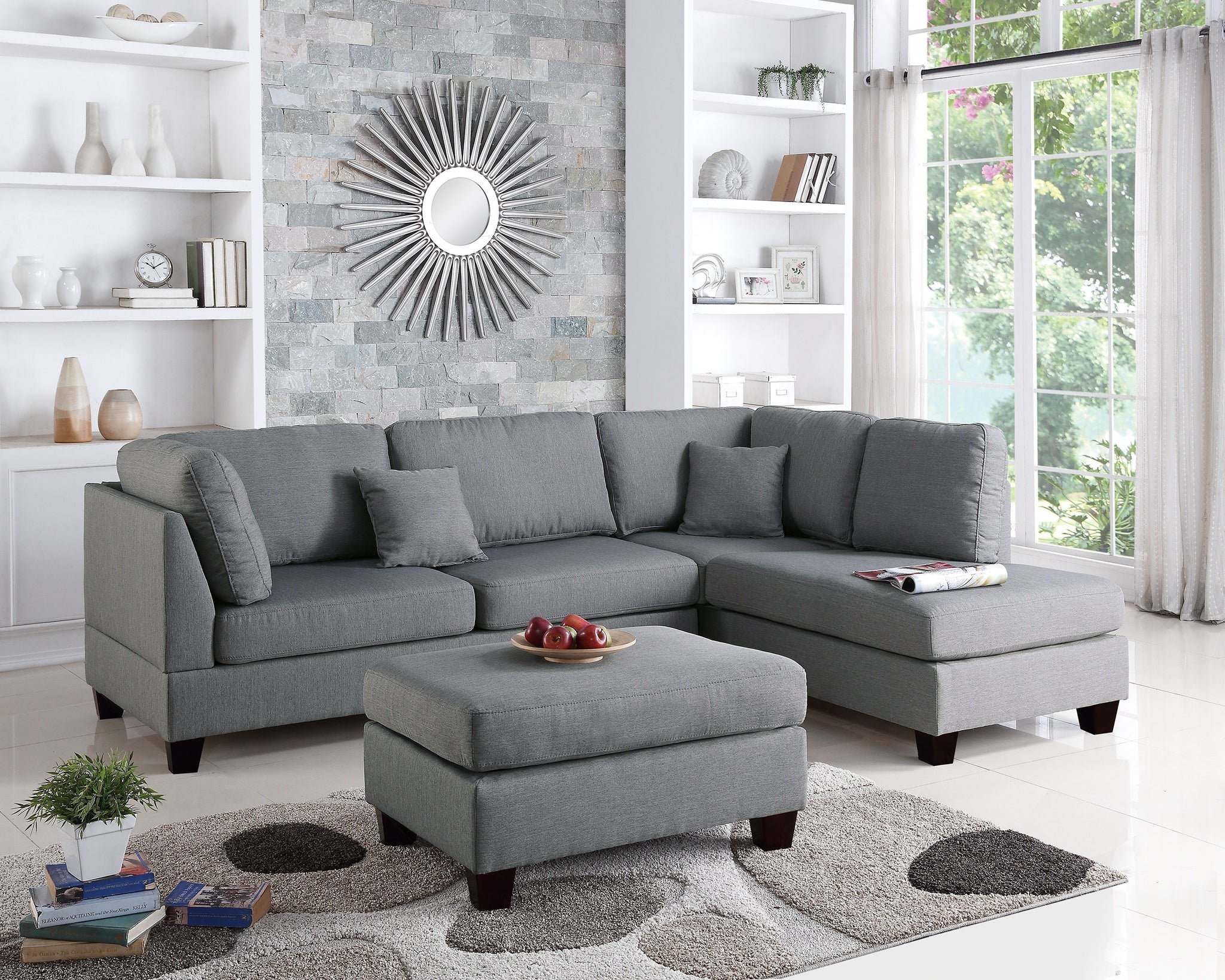 Grey Color 3Pcs Sectional Living Room Furniture Reversible Chaise Sofa And Ottoman Polyfiber Linen Like Fabric Cushion Couch Grey Wood Dining Room Cushion Back Contemporary,Modern L Shaped Rubberwood Pillow Top Arms Plywood 5 Seat