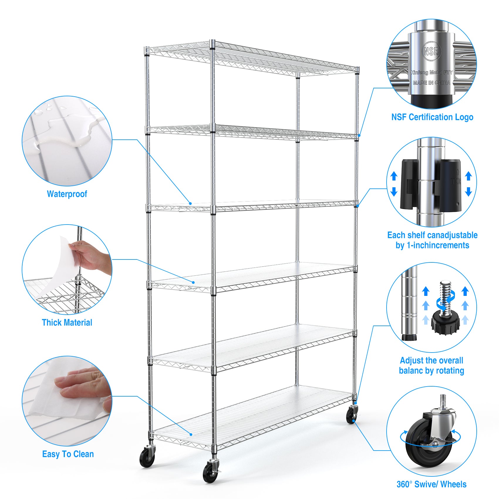 6 Tier Wire Shelving Unit, 6000 Lbs Nsf Height Adjustable Metal Garage Storage Shelves With Wheels, Heavy Duty Storage Wire Rack Metal Shelves Chrome Chrome Iron Plastic