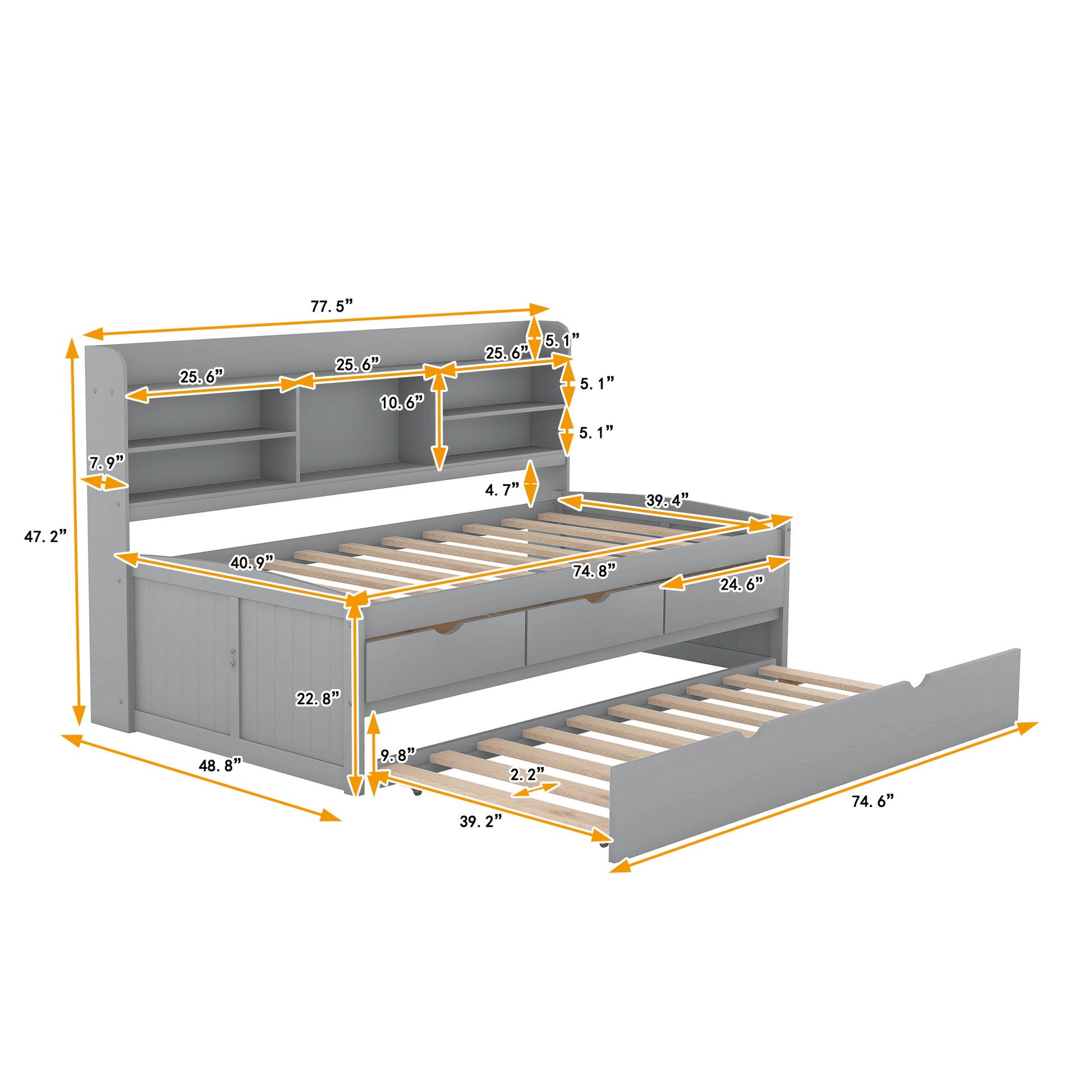 Twin Size Wooden Captain Bed With Built In Bookshelves,Three Storage Drawers And Trundle,Light Grey Grey Pine