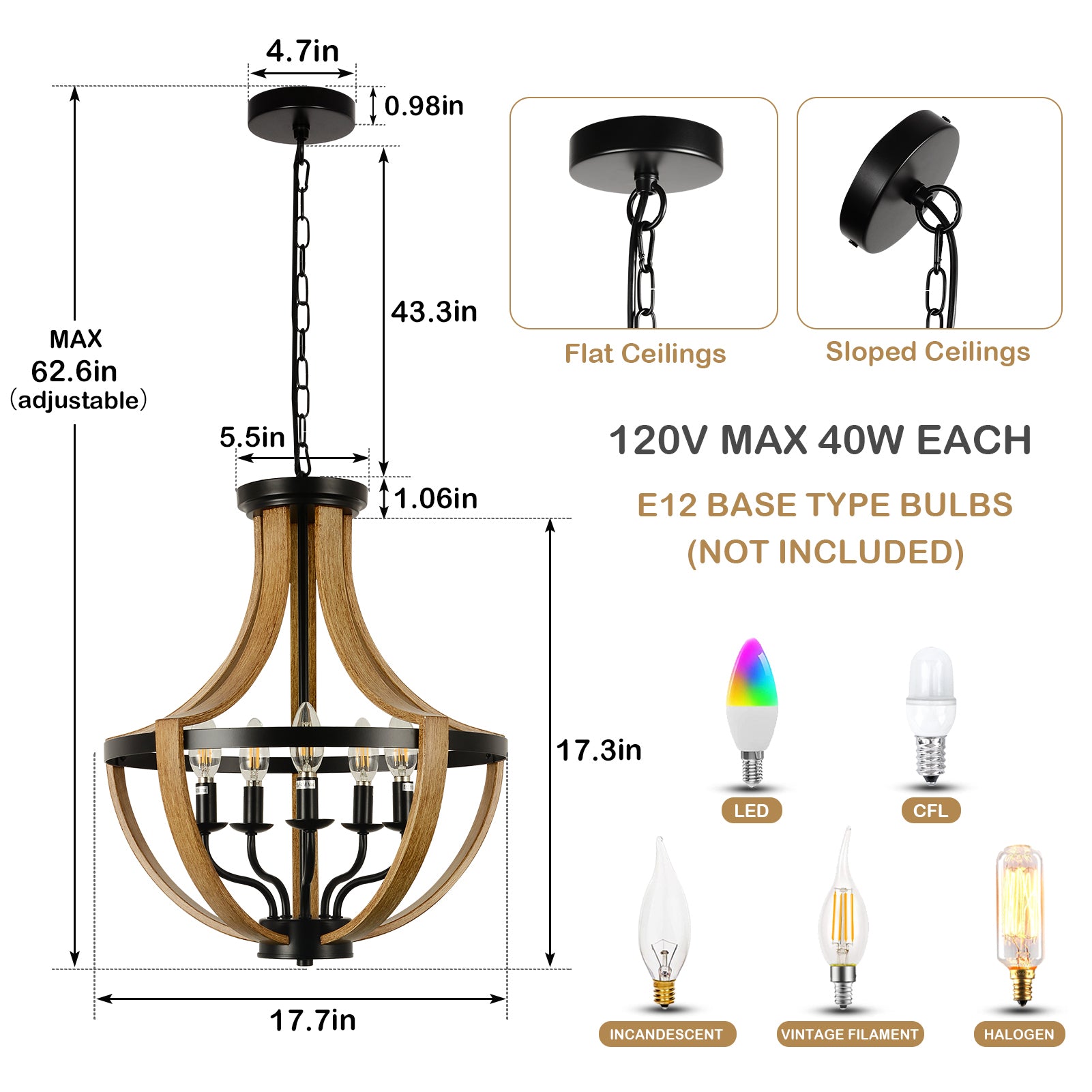 5 Light Faux Wood Farmhouse Chandelier Natural Wood Wash Metal