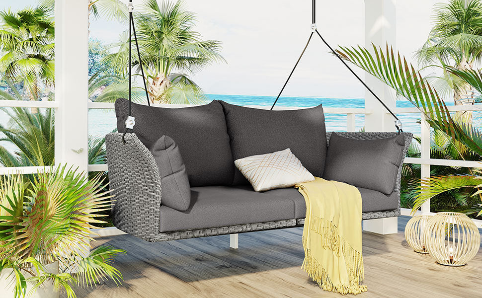 51.9" 2 Person Hanging Seat, Rattan Woven Swing Chair, Porch Swing With Ropes, Gray Wicker And Cushion Yes Gray Garden & Outdoor Wicker