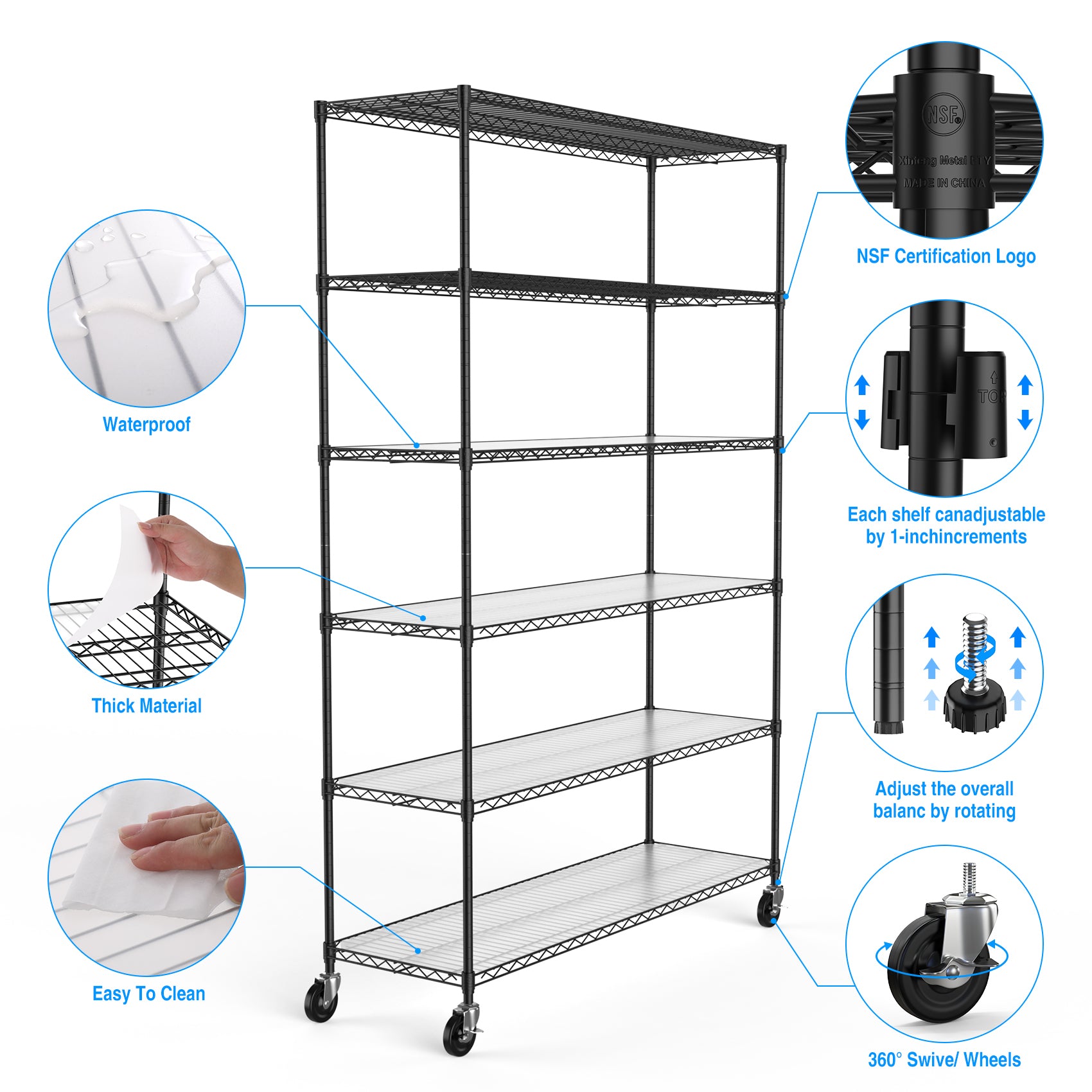 6 Tier Wire Shelving Unit, 6000 Lbs Nsf Height Adjustable Metal Garage Storage Shelves With Wheels, Heavy Duty Storage Wire Rack Metal Shelves Black Black Iron Plastic