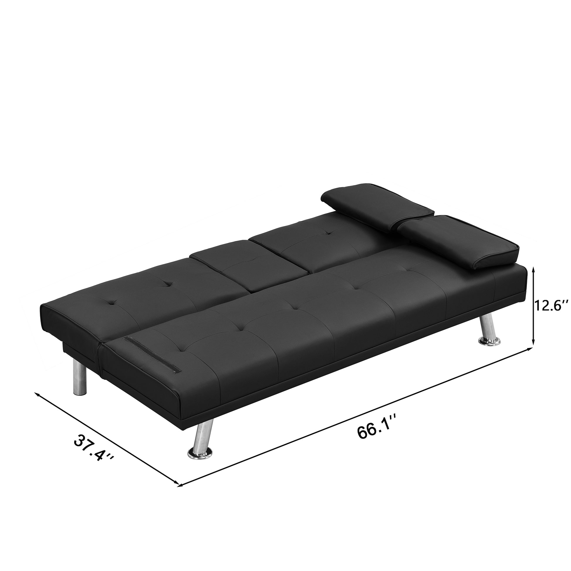 Sofa Bed With Armrest Two Holders Wood Frame, Stainless Leg, Futon Black Pvc Black Leather