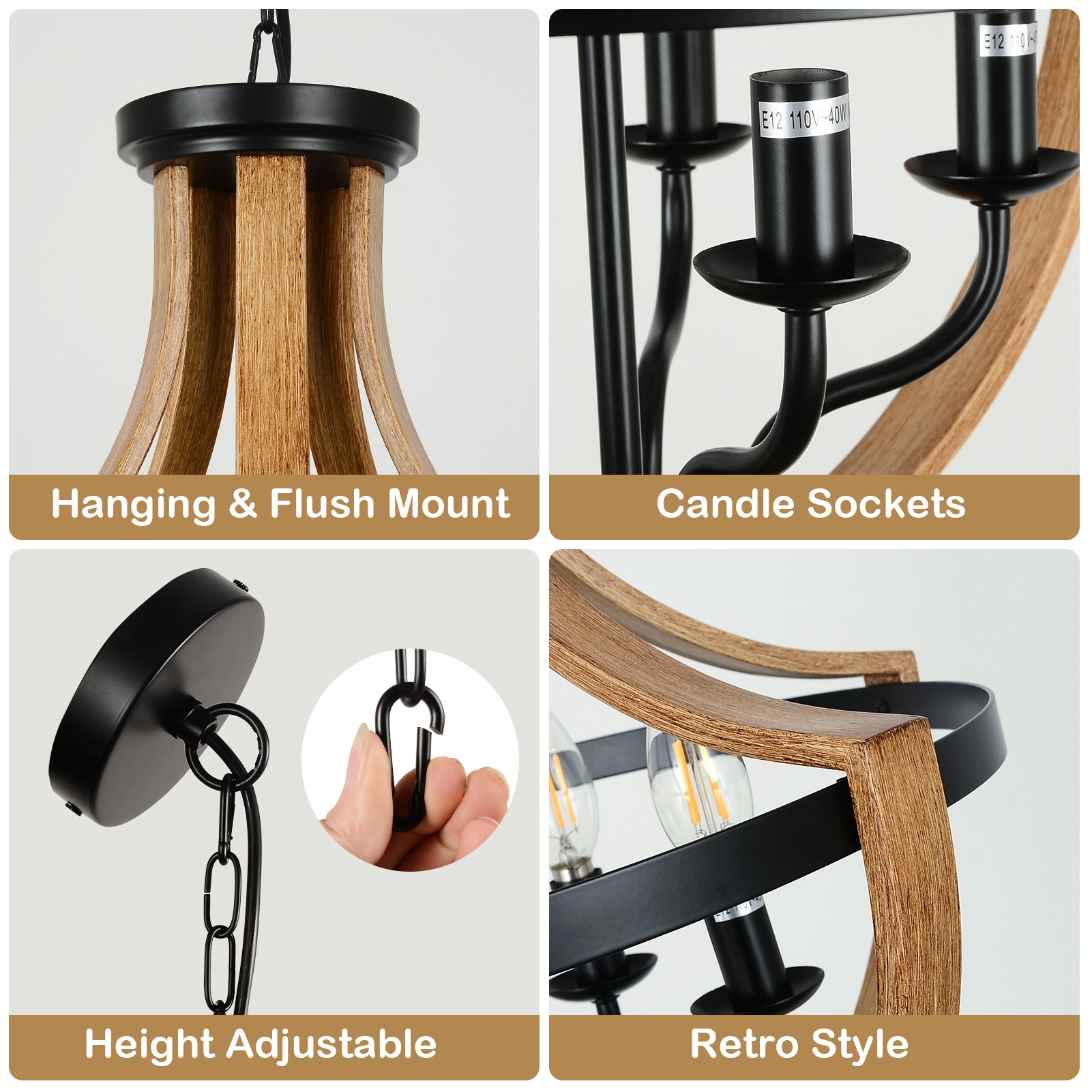 5 Light Faux Wood Farmhouse Chandelier Natural Wood Wash Metal