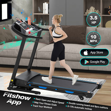 Treadmills For Home, Electric Treadmill With Automatic Incline, Foldable 3.5Hp Workout Running Machine Walking, Double Running Board Shock Absorption Pulse Sensor Bluetooth Speaker App Fitshow. Black Stainless Steel