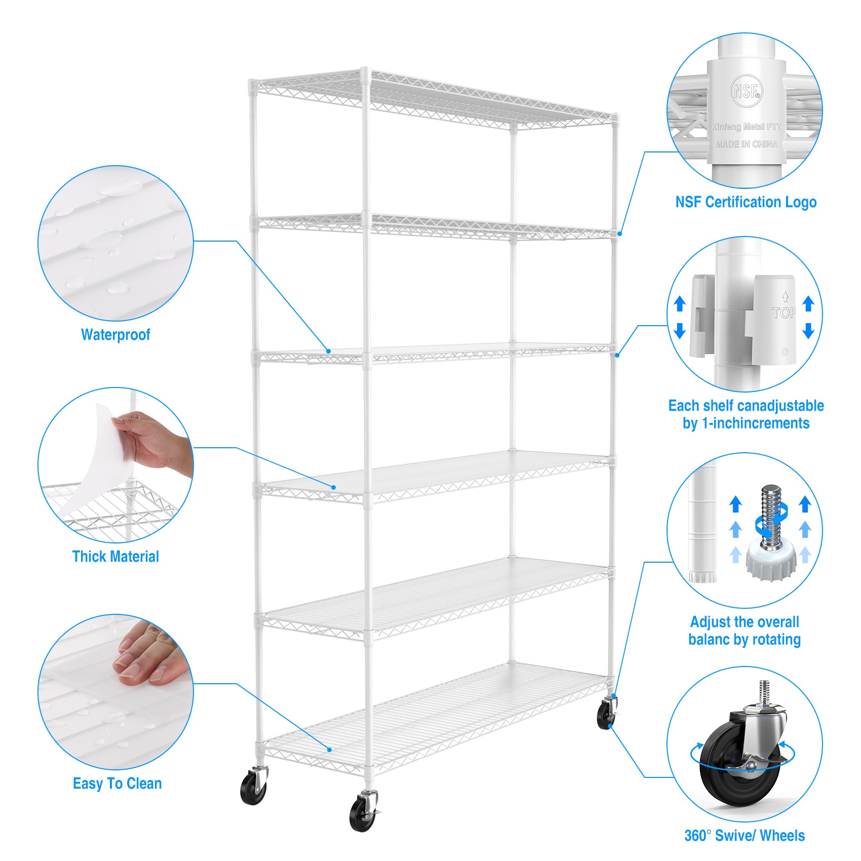 6 Tier Wire Shelving Unit, 6000 Lbs Nsf Height Adjustable Metal Garage Storage Shelves With Wheels, Heavy Duty Storage Wire Rack Metal Shelves White White Iron Plastic