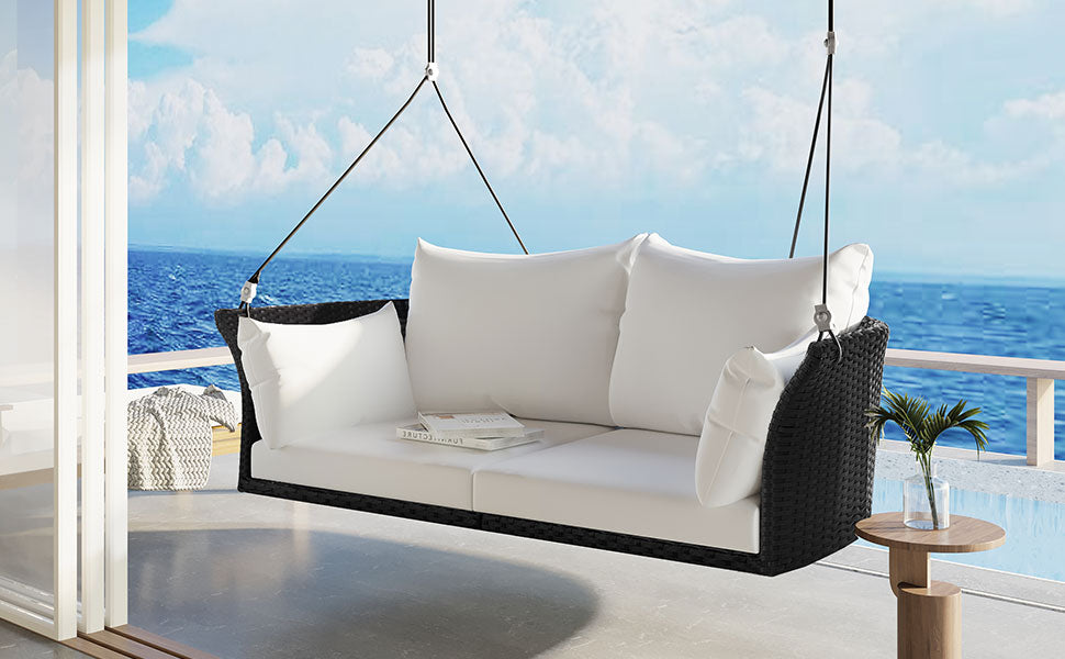 51.9" 2 Person Hanging Seat, Rattan Woven Swing Chair, Porch Swing With Ropes, Black Wicker And White Cushion Yes Black White Seats 2 Garden & Outdoor Wicker