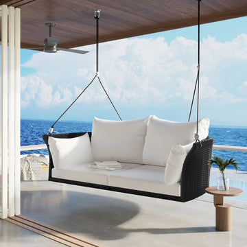 51.9" 2 Person Hanging Seat, Rattan Woven Swing Chair, Porch Swing With Ropes, Black Wicker And White Cushion Yes Black White Seats 2 Garden & Outdoor Wicker