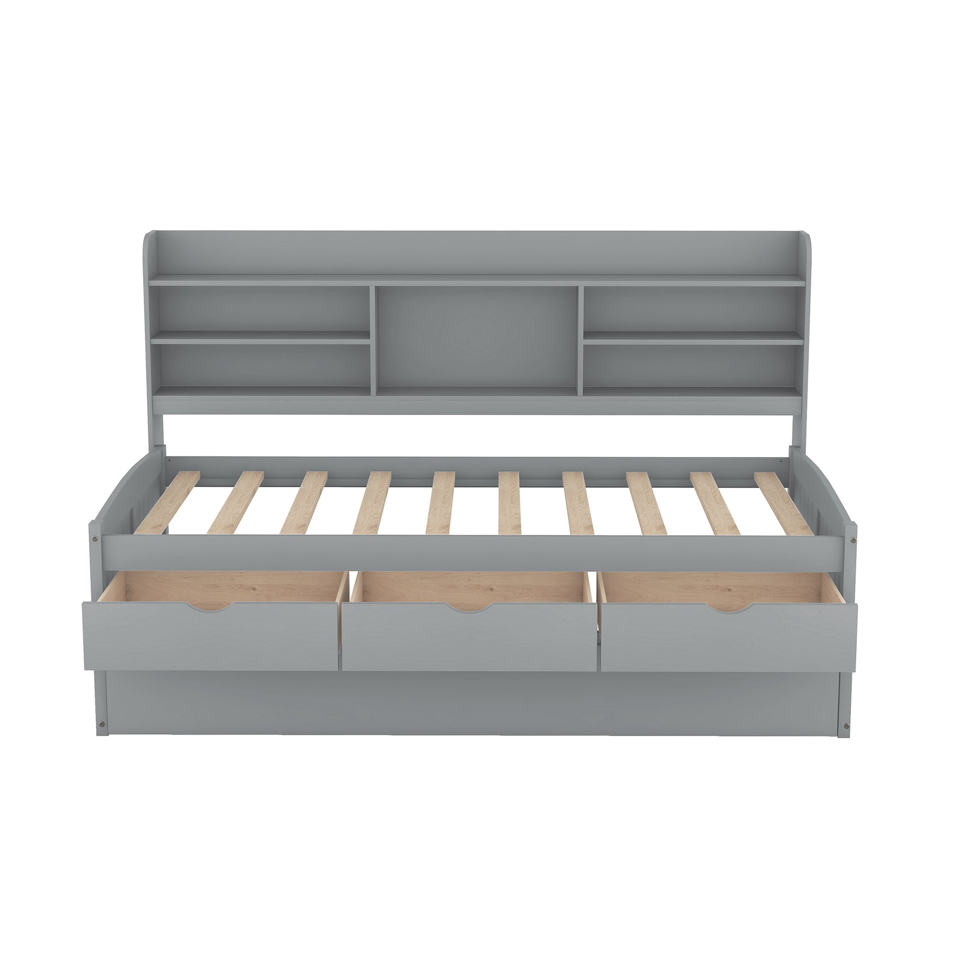 Twin Size Wooden Captain Bed With Built In Bookshelves,Three Storage Drawers And Trundle,Light Grey Grey Pine