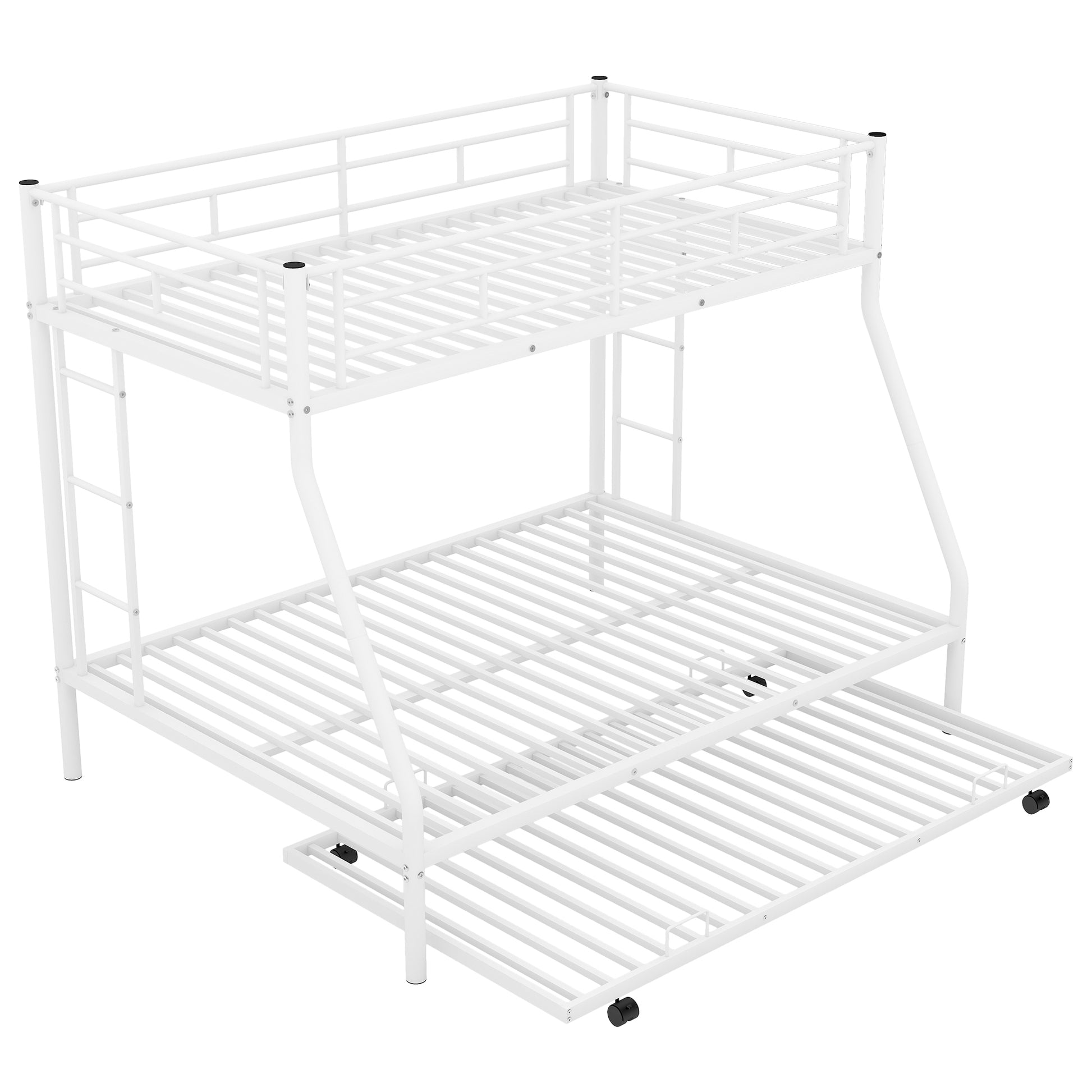 Twin Over Full Bed With Sturdy Steel Frame, Bunk Bed With Twin Size Trundle, Two Side Ladders, White Old Sku:Mf194424Aak White Metal