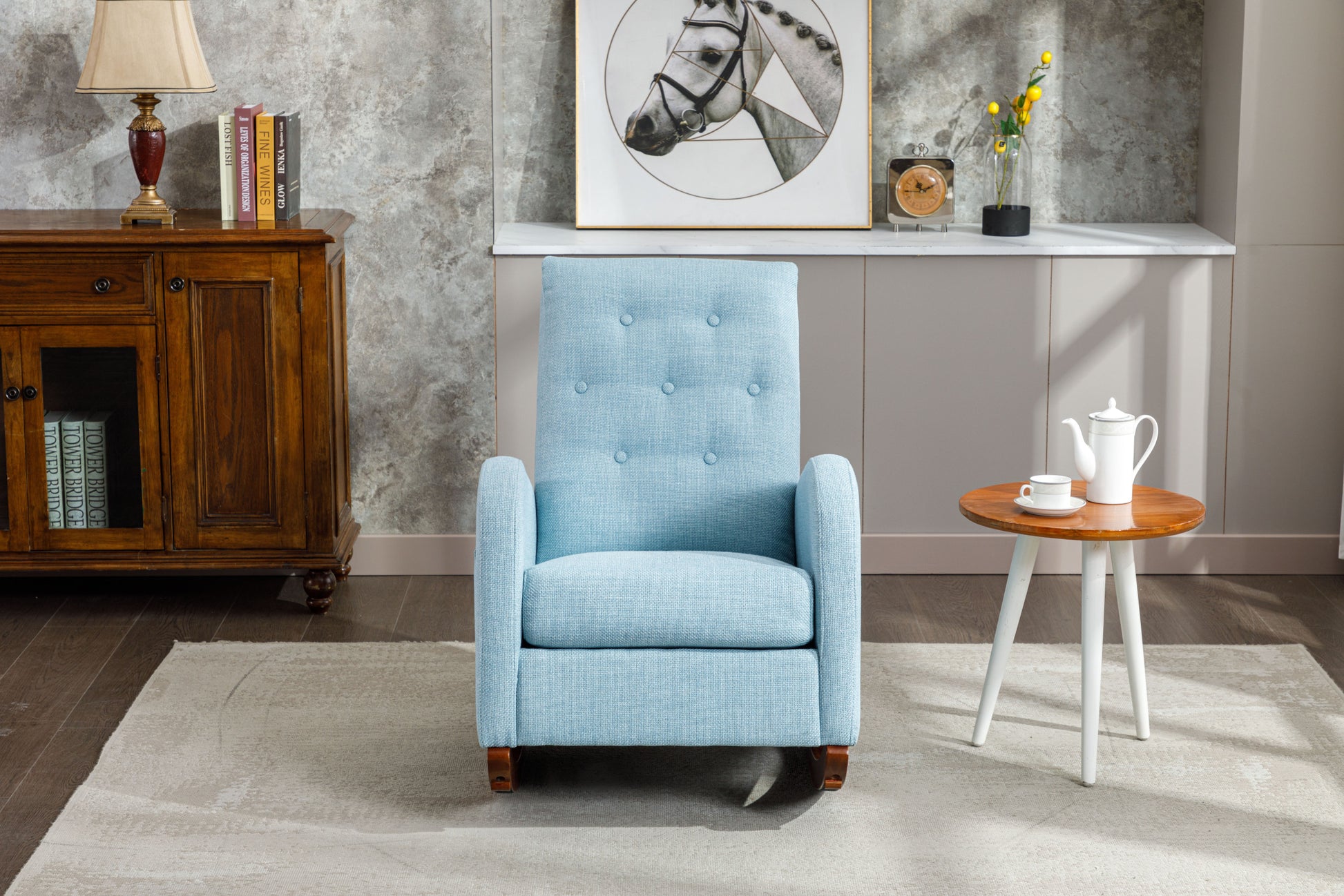 High Back Rocking Chair Nursery Chair .Comfortable Rocker Fabric Padded Seat .Modern High Back Armchair Light Blue Polyester