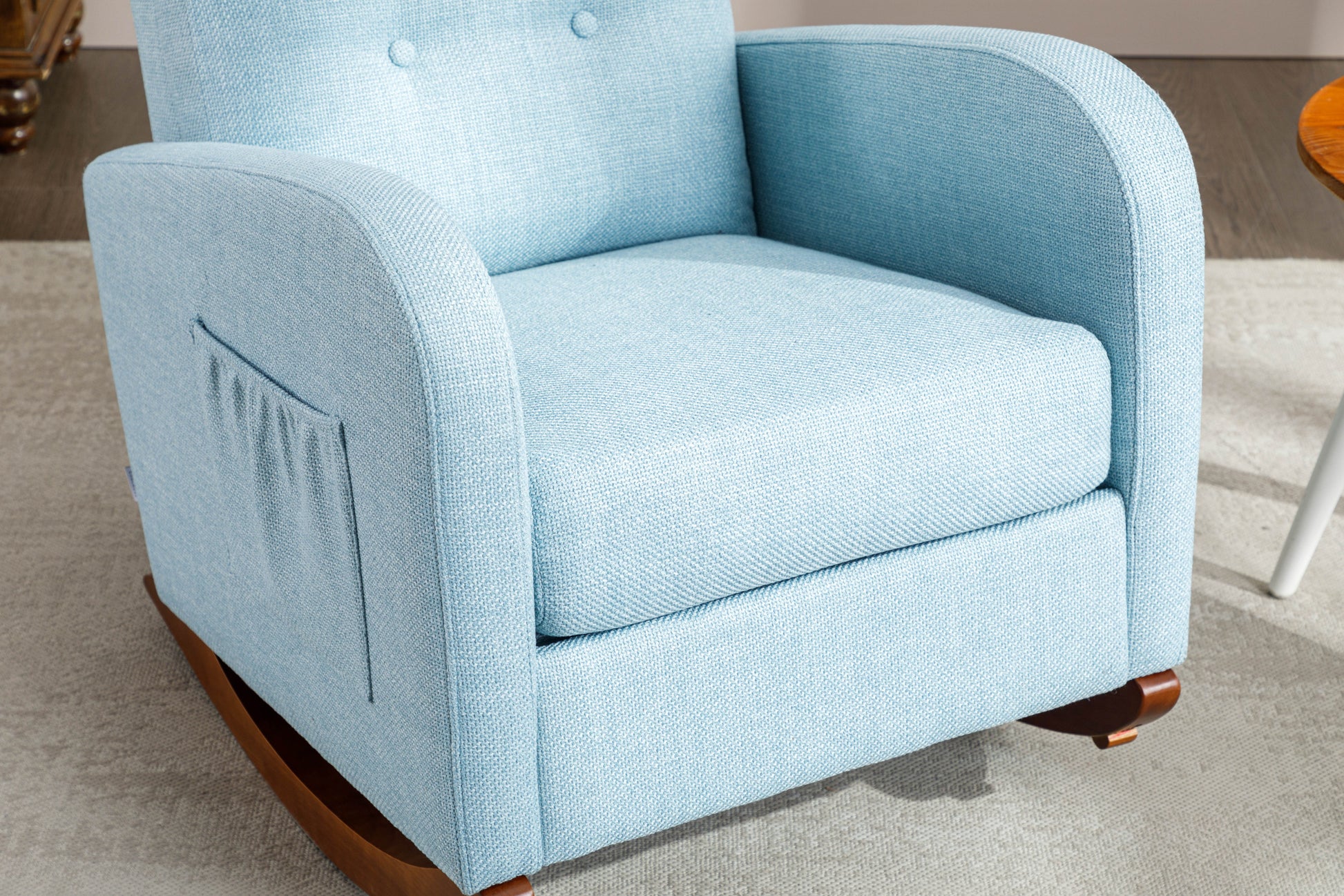 High Back Rocking Chair Nursery Chair .Comfortable Rocker Fabric Padded Seat .Modern High Back Armchair Light Blue Polyester