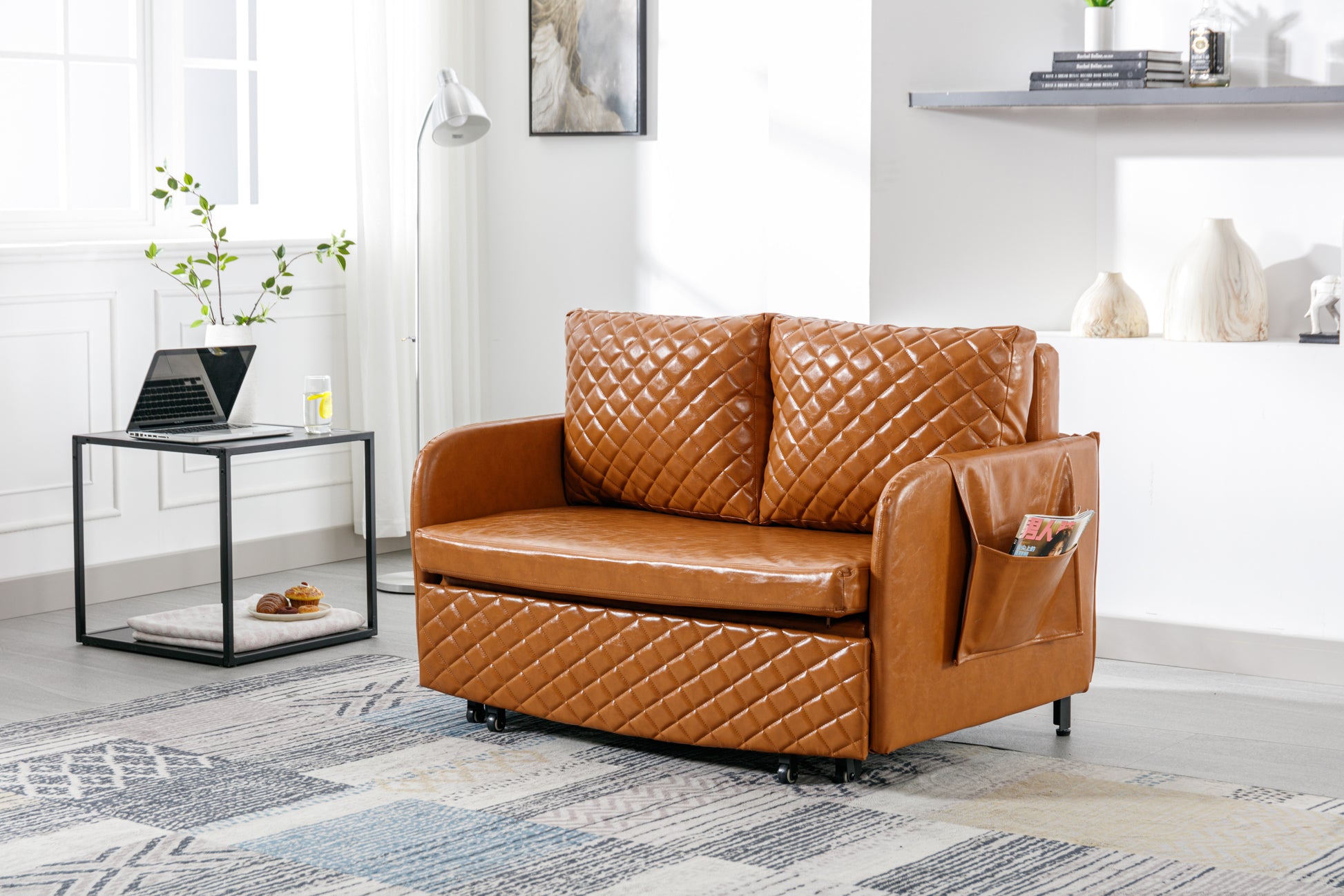 Coolmore Convertible Sleeper Sofa Bed, Modern Velvet Loveseat Couch With Pull Out Bed, Small Beautiful Seat Futon Sofa Bed With Headboard, 2 Pillows & Side Pockets For Living Room Brown Pu