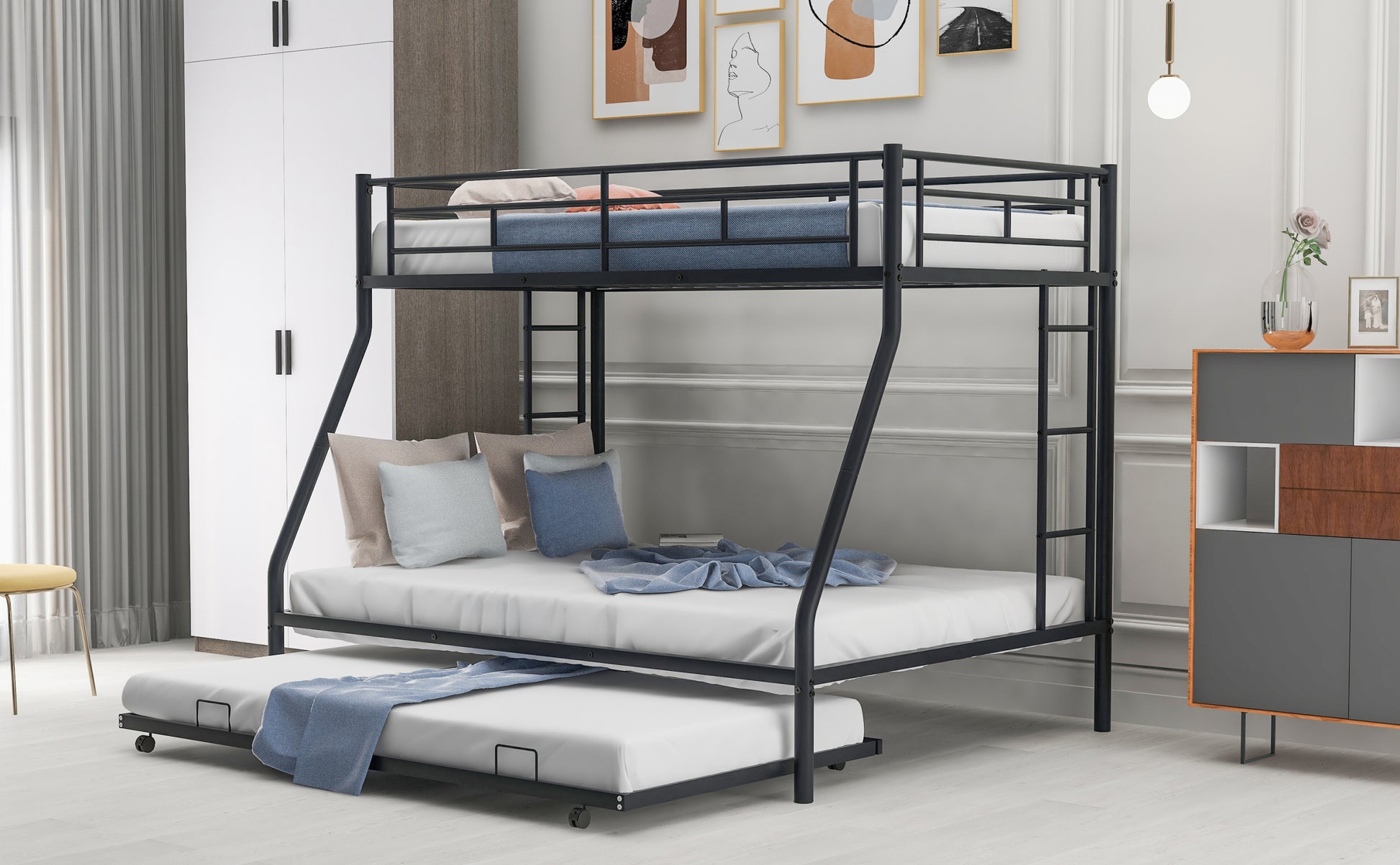 Twin Over Full Bed With Sturdy Steel Frame, Bunk Bed With Twin Size Trundle, Two Side Ladders, Black Old Sku:Mf194424Aab Black Metal