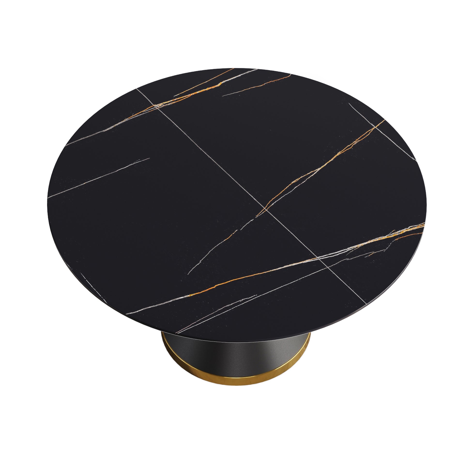 53.15"Modern Artificial Stone Round Black Carbon Steel Base Dining Table Can Accommodate 6 People Black Metal Sintered Stone