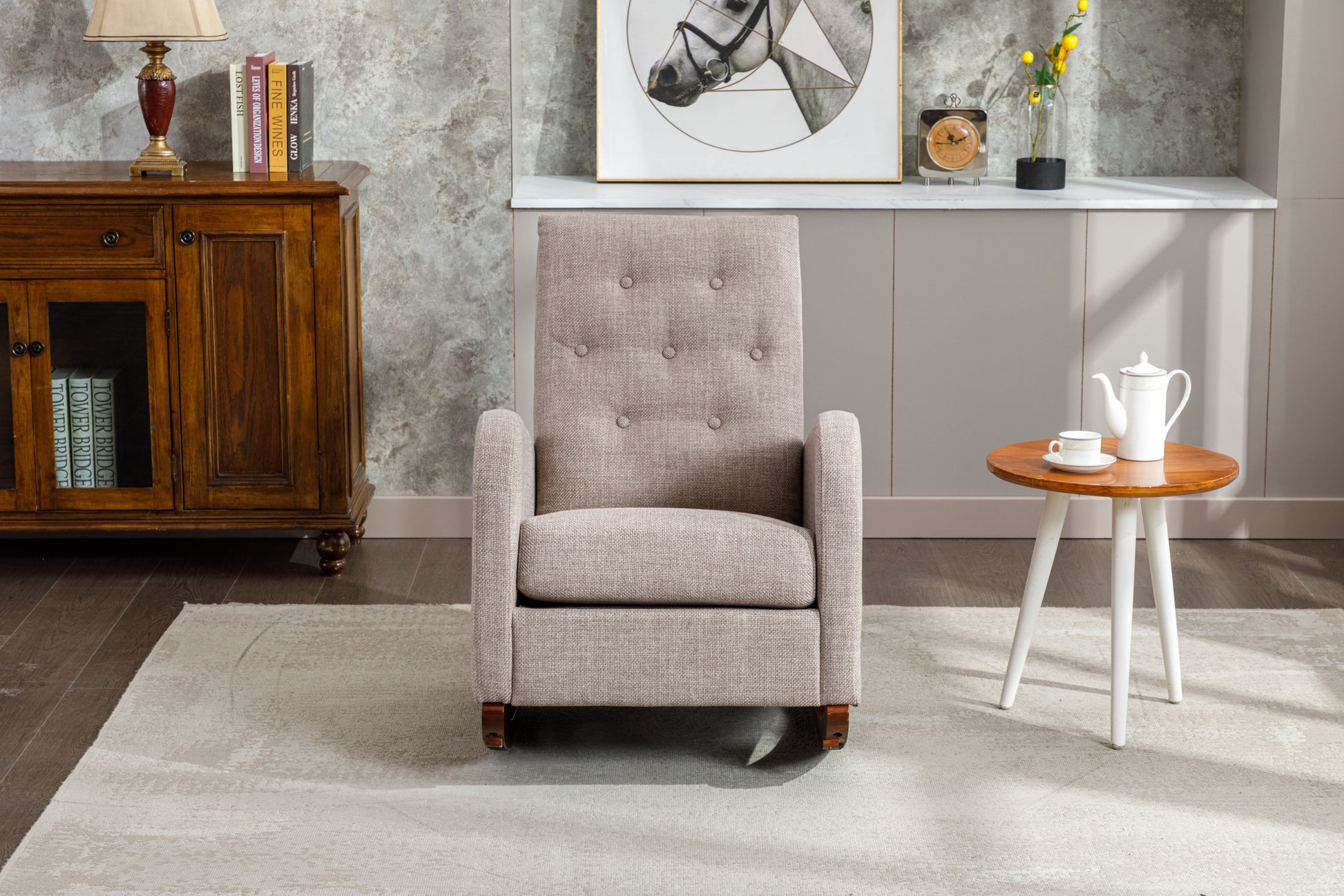 High Back Rocking Chair Nursery Chair .Comfortable Rocker Fabric Padded Seat .Modern High Back Armchair Camel Polyester