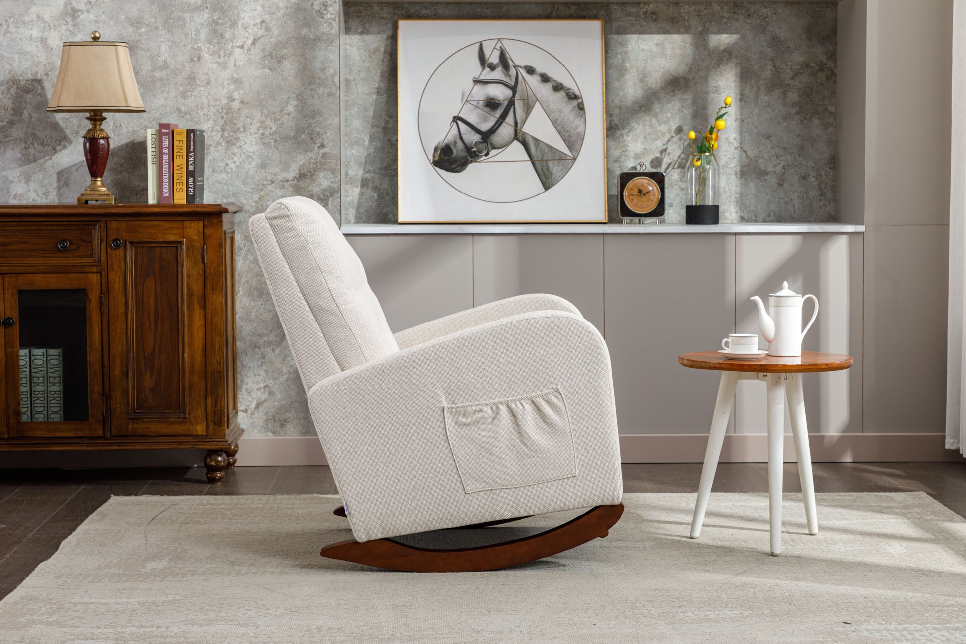 High Back Rocking Chair Nursery Chair .Comfortable Rocker Fabric Padded Seat .Modern High Back Armchair Beige Polyester