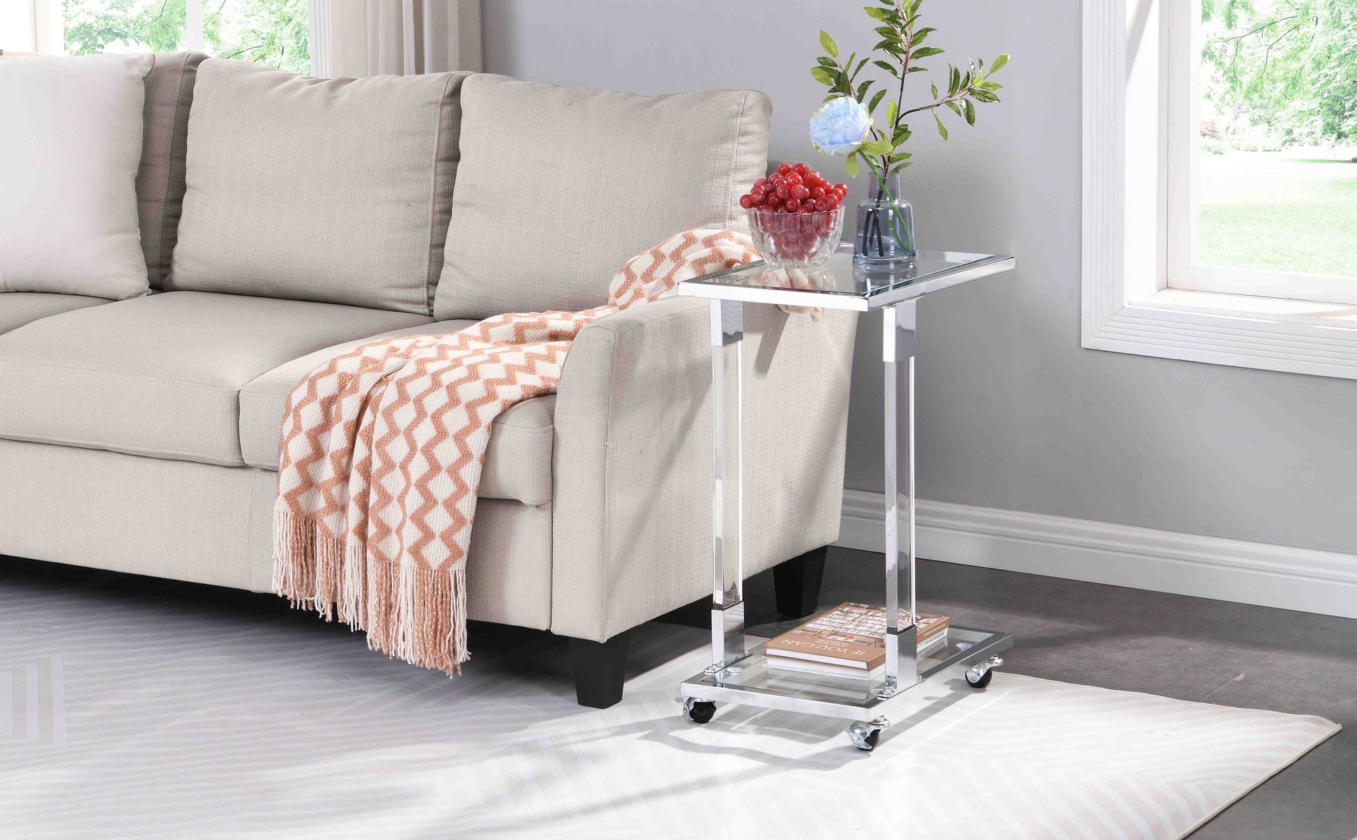 W82153573 Chrome Glass Side Table, Acrylic End Table, Glass Top C Shape Square Table With Metal Base For Living Room, Bedroom, Balcony Home And Office Chrome Glass Iron