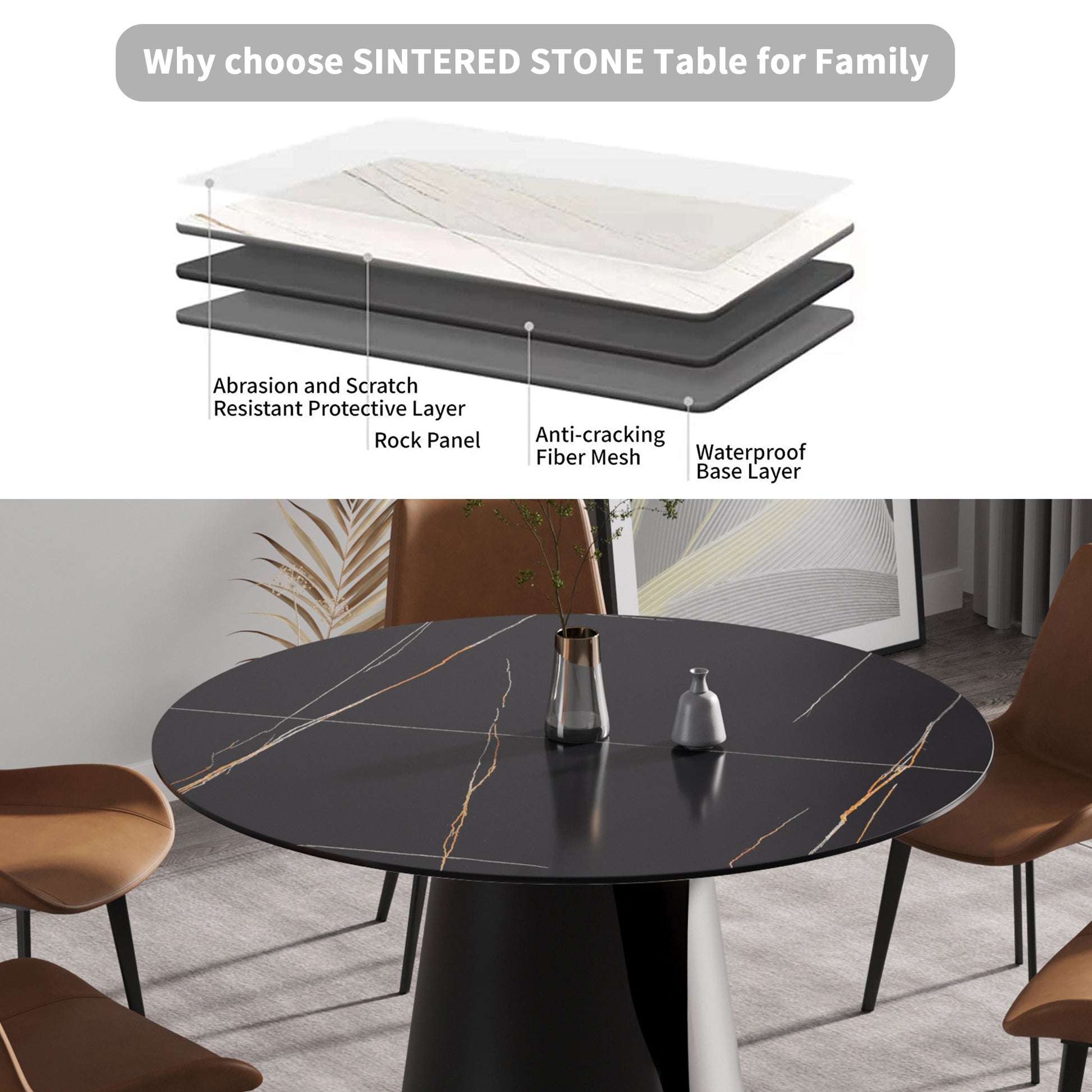 53.15"Modern Artificial Stone Round Black Carbon Steel Base Dining Table Can Accommodate 6 People Black Metal Sintered Stone