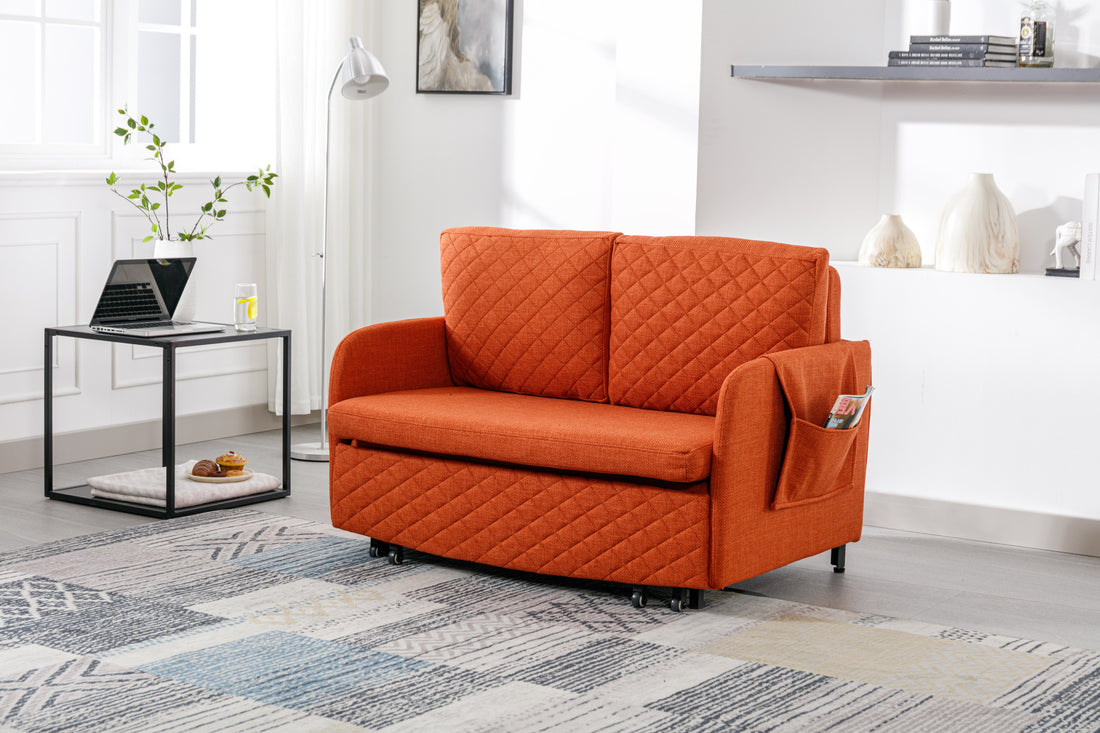 Coolmore Convertible Sleeper Sofa Bed, Modern Velvet Loveseat Couch With Pull Out Bed, Small Beautiful Seat Futon Sofa Bed With Headboard, 2 Pillows & Side Pockets For Living Room Orange Linen