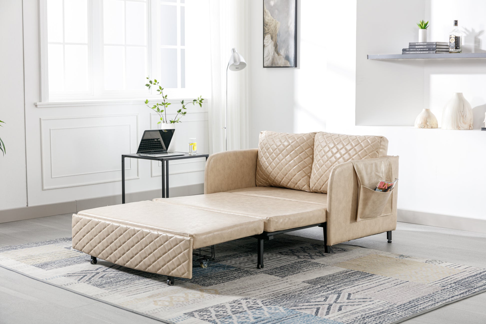 Coolmore Convertible Sleeper Sofa Bed, Modern Velvet Loveseat Couch With Pull Out Bed, Small Beautiful Seat Futon Sofa Bed With Headboard, 2 Pillows & Side Pockets For Living Room Camel Pu