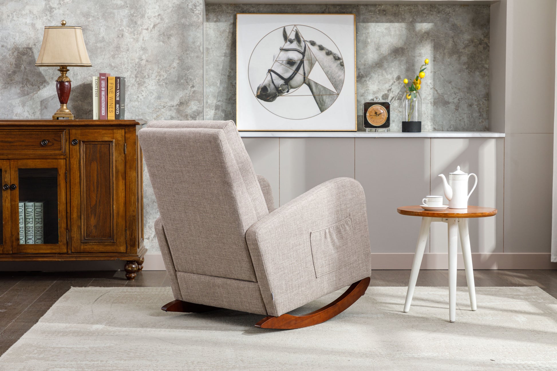 High Back Rocking Chair Nursery Chair .Comfortable Rocker Fabric Padded Seat .Modern High Back Armchair Camel Polyester