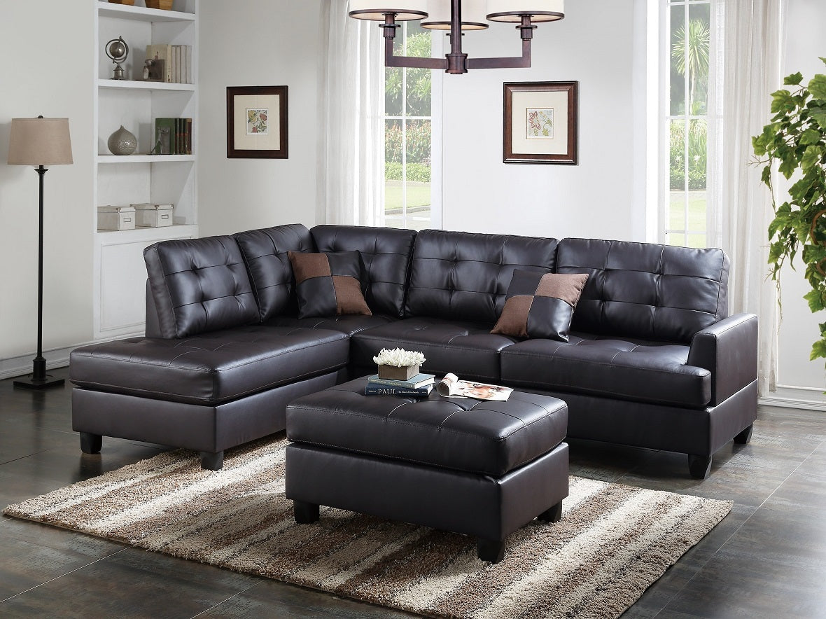 Contemporary Sectional Sofa Espresso Faux Leather Cushion Tufted Reversible 3Pc Sectional Sofa L R Chaise Ottoman Living Room Furniture Espresso Faux Leather Wood Primary Living Space Cushion Back Contemporary,Modern L Shaped Square Arms Bonded Leather 5