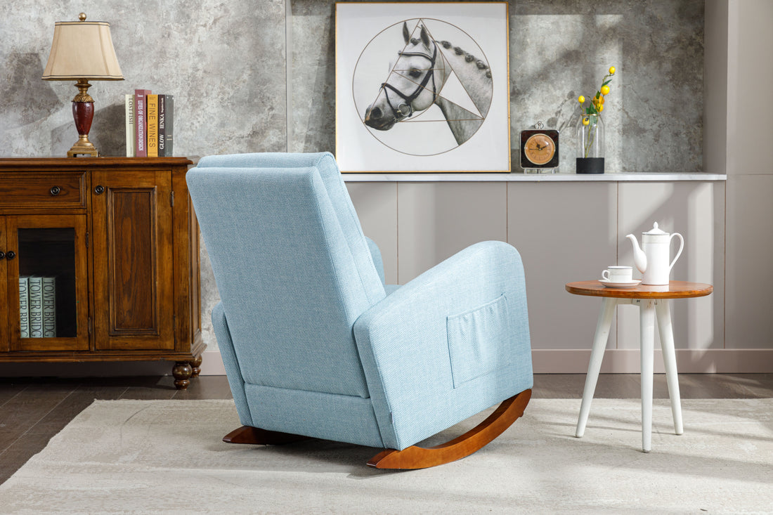 High Back Rocking Chair Nursery Chair .Comfortable Rocker Fabric Padded Seat .Modern High Back Armchair Light Blue Polyester