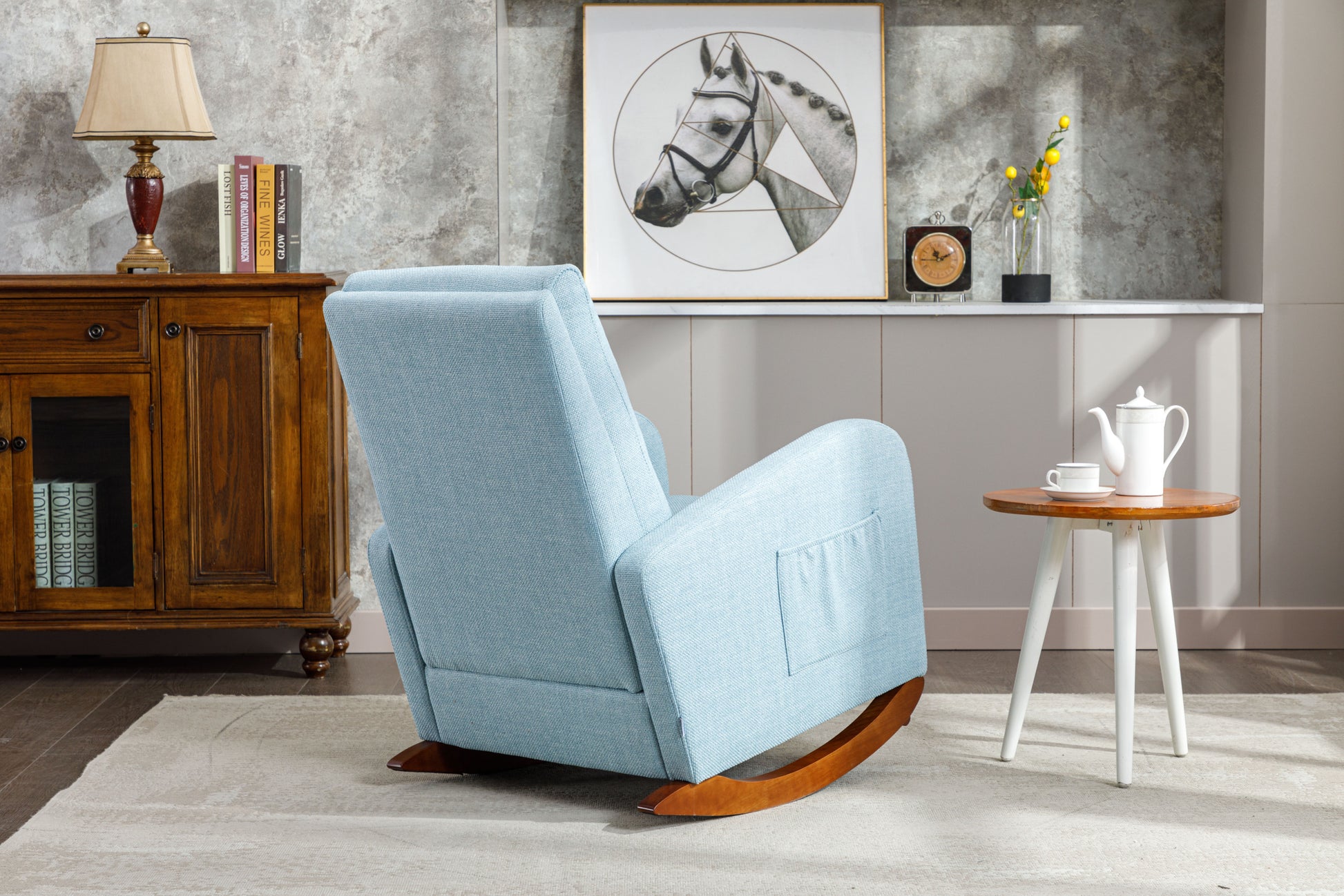 High Back Rocking Chair Nursery Chair .Comfortable Rocker Fabric Padded Seat .Modern High Back Armchair Light Blue Polyester
