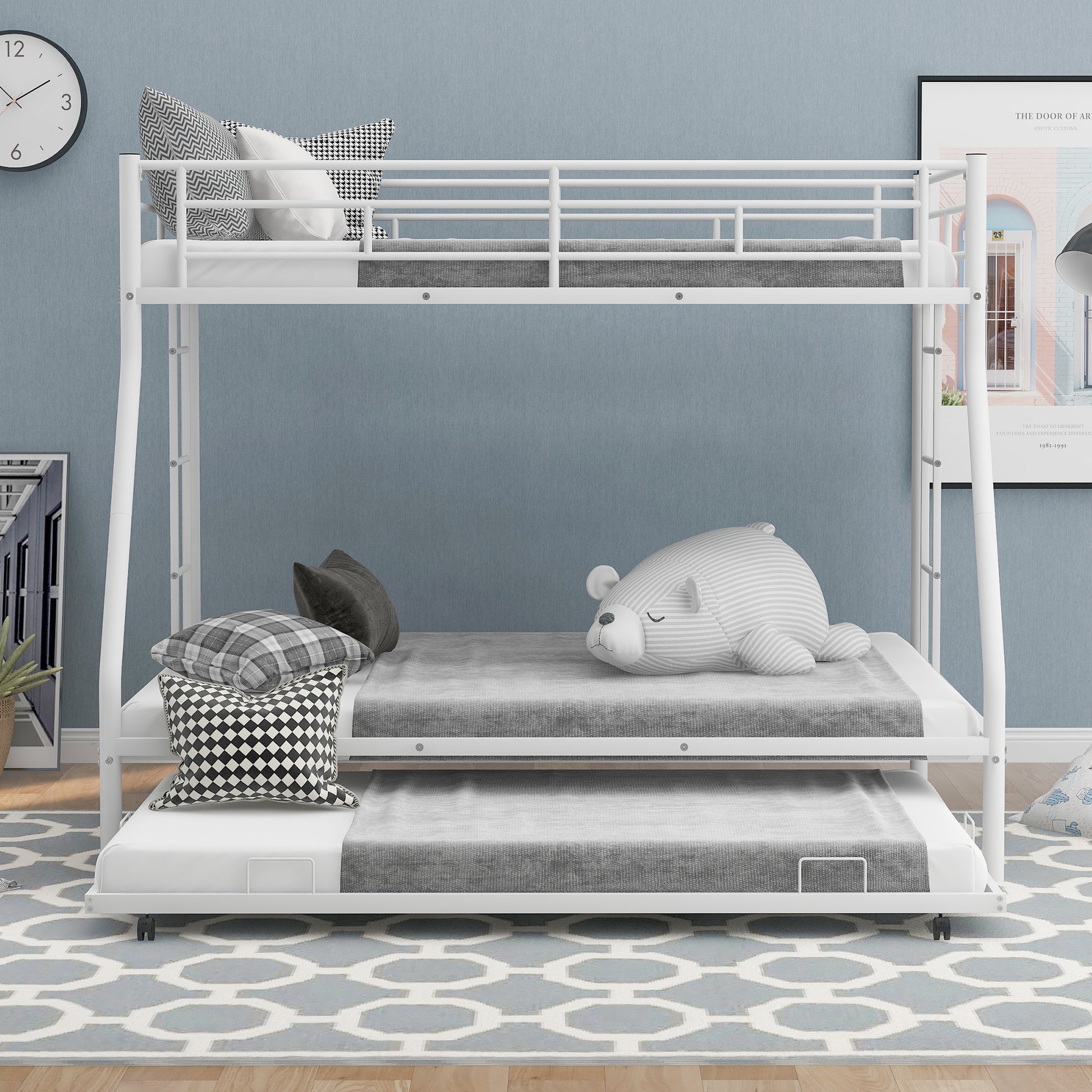 Twin Over Full Bed With Sturdy Steel Frame, Bunk Bed With Twin Size Trundle, Two Side Ladders, White Old Sku:Mf194424Aak White Metal