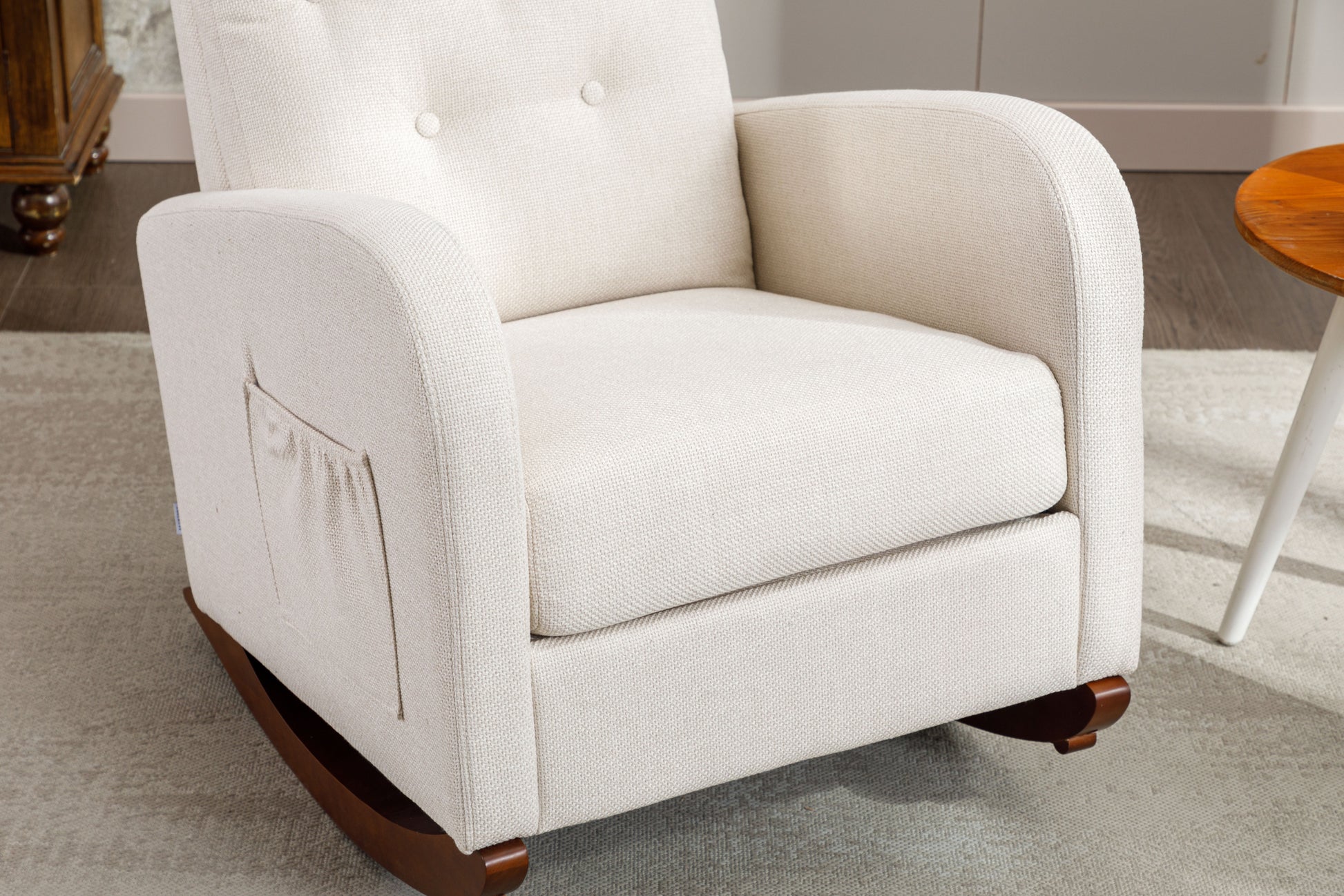 High Back Rocking Chair Nursery Chair .Comfortable Rocker Fabric Padded Seat .Modern High Back Armchair Beige Polyester