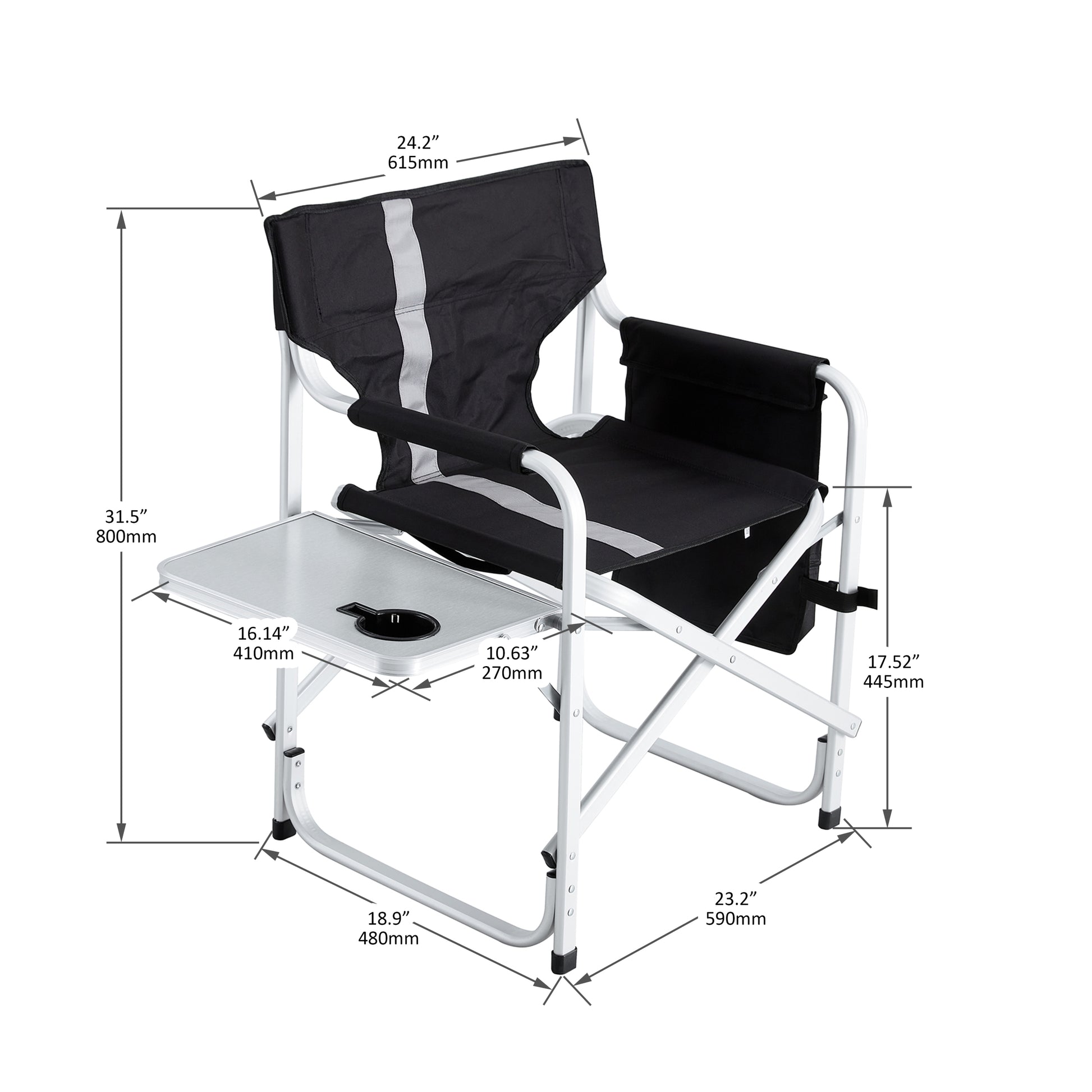 1 Piece Padded Folding Outdoor Chair With Side Table And Storage Pockets,Lightweight Oversized Directors Chair For Indoor, Outdoor Camping, Picnics And Fishing,Black Grey Black Gray Aluminum