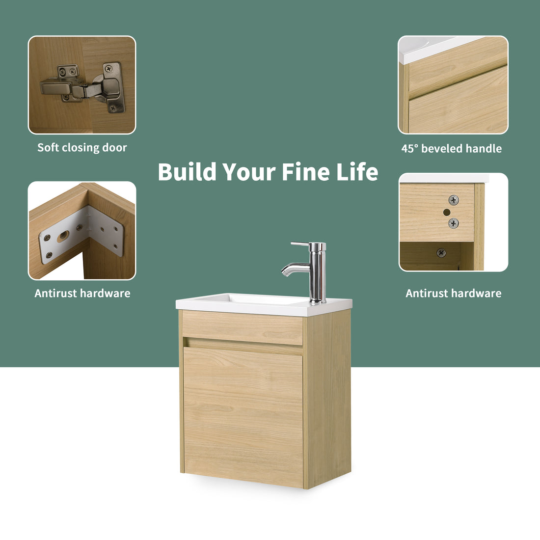 Bathroom Vanity With Single Sink,18 Inch For Small Bathroom Excluding Faucets Light Teak 1 Bathroom Wall Mounted Modern Plywood