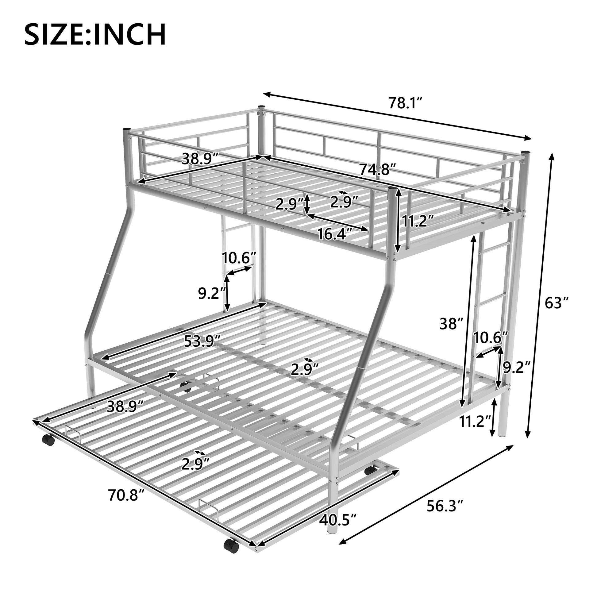 Twin Over Full Bed With Sturdy Steel Frame, Bunk Bed With Twin Size Trundle, Two Side Ladders, Silver Old Sku:Mf194424Aan Silver Metal