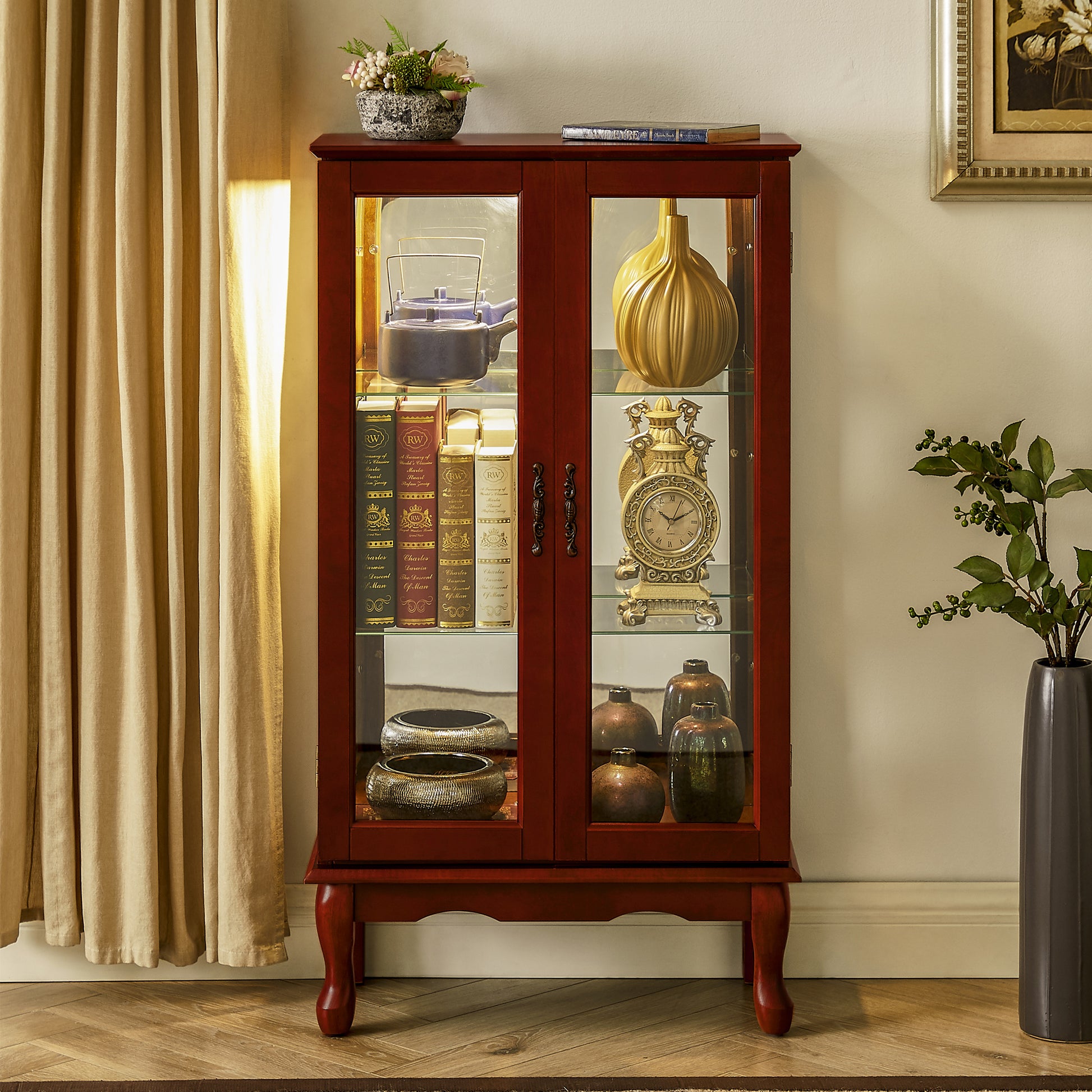 Curio Cabinet Lighted Curio Diapaly Cabinet With Adjustable Shelves And Mirrored Back Panel, Tempered Glass Doors Cherry, 3 Tier , E26 Light Bulb Not Included Cherry Mdf