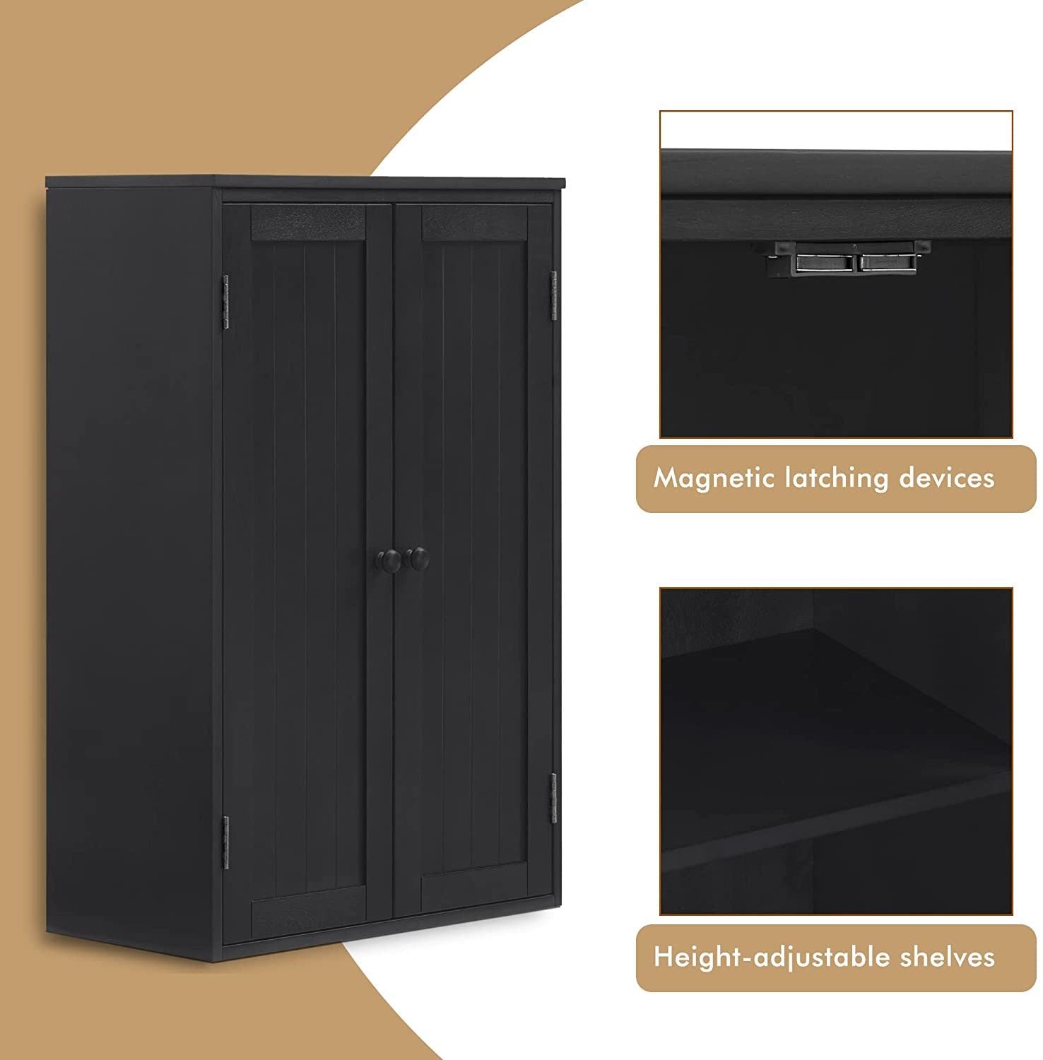 Bathroom Storage Cabinet Freestanding Wooden Floor Cabinet With Adjustable Shelf And Double Door Black Black Mdf