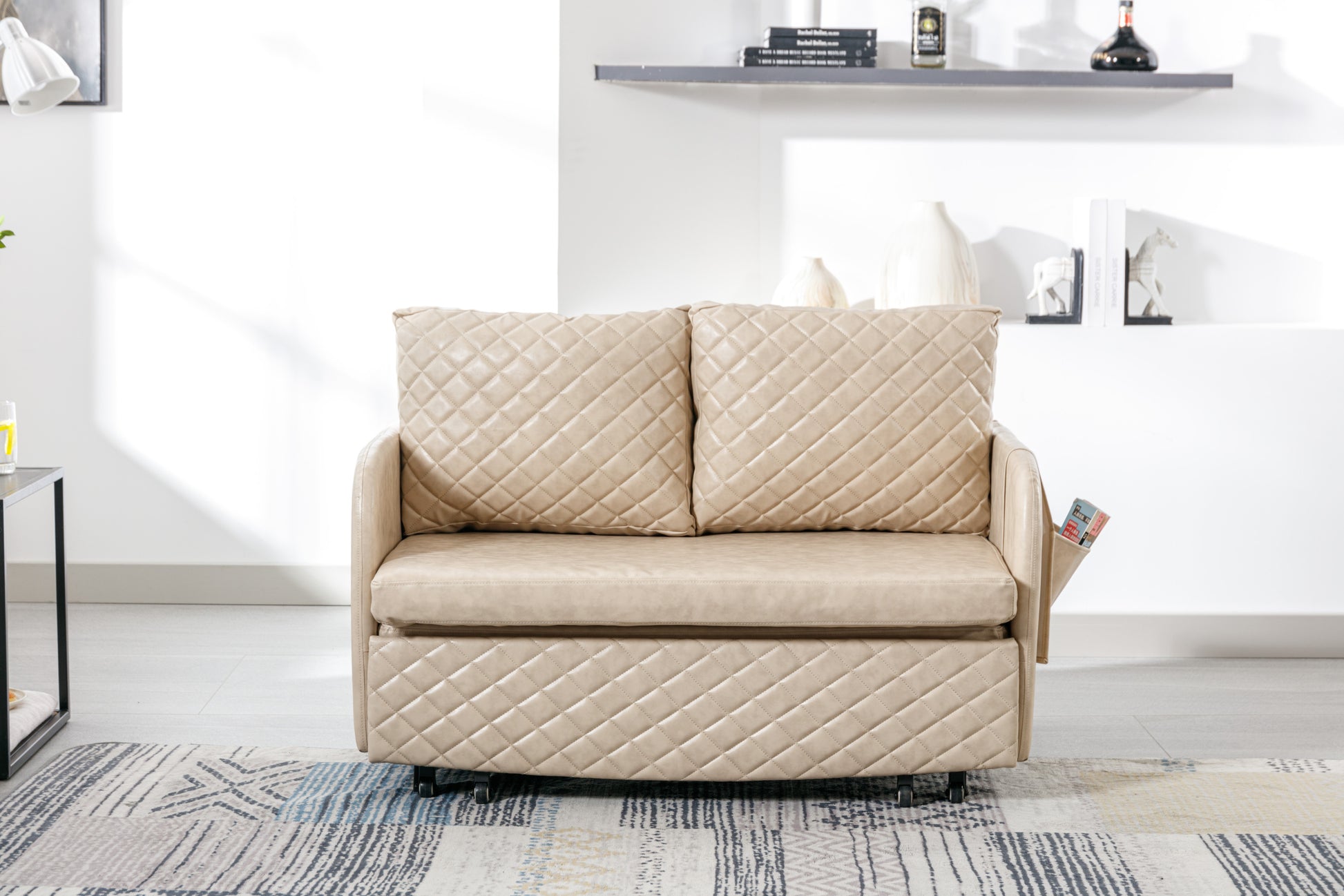 Coolmore Convertible Sleeper Sofa Bed, Modern Velvet Loveseat Couch With Pull Out Bed, Small Beautiful Seat Futon Sofa Bed With Headboard, 2 Pillows & Side Pockets For Living Room Camel Pu