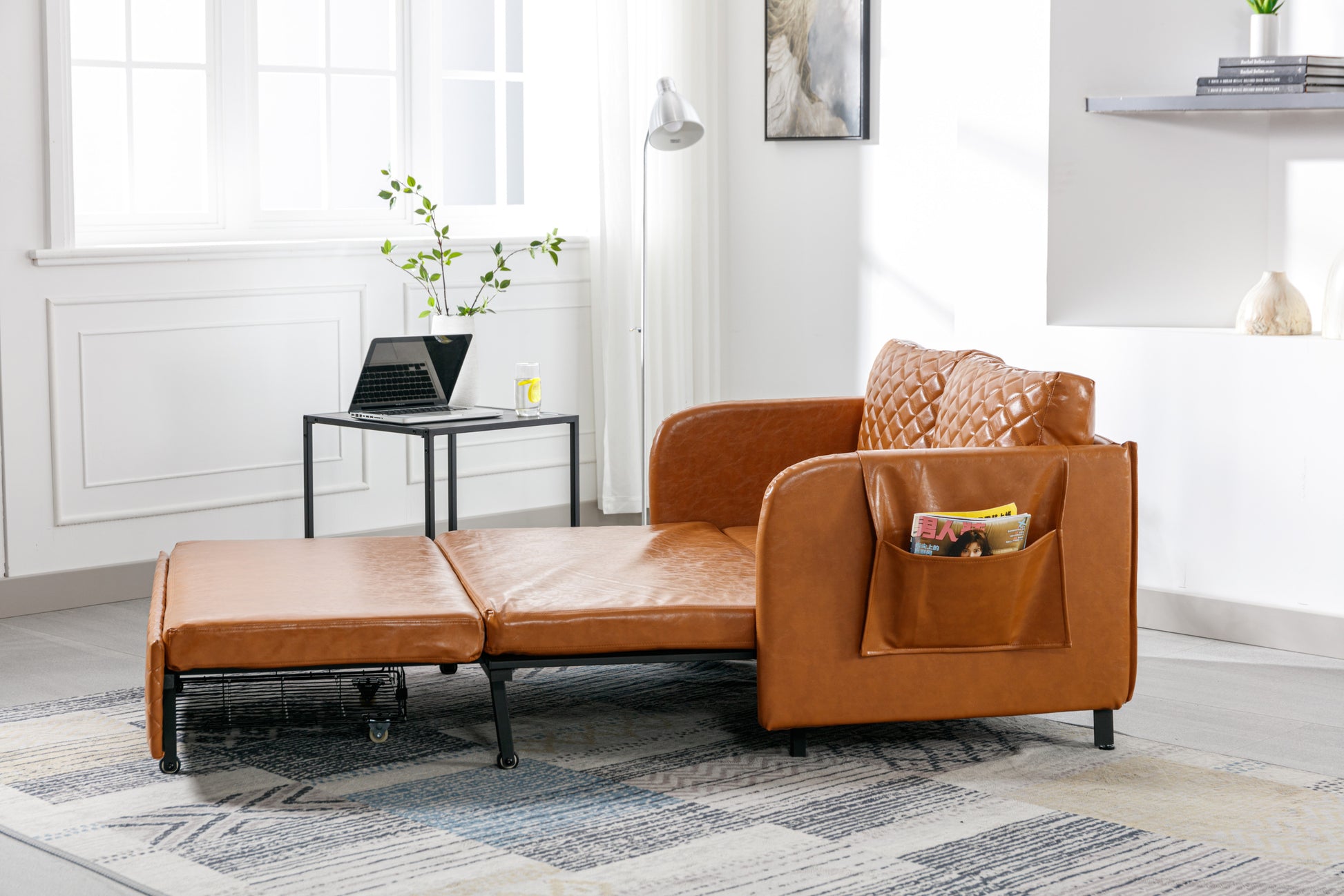 Coolmore Convertible Sleeper Sofa Bed, Modern Velvet Loveseat Couch With Pull Out Bed, Small Beautiful Seat Futon Sofa Bed With Headboard, 2 Pillows & Side Pockets For Living Room Brown Pu