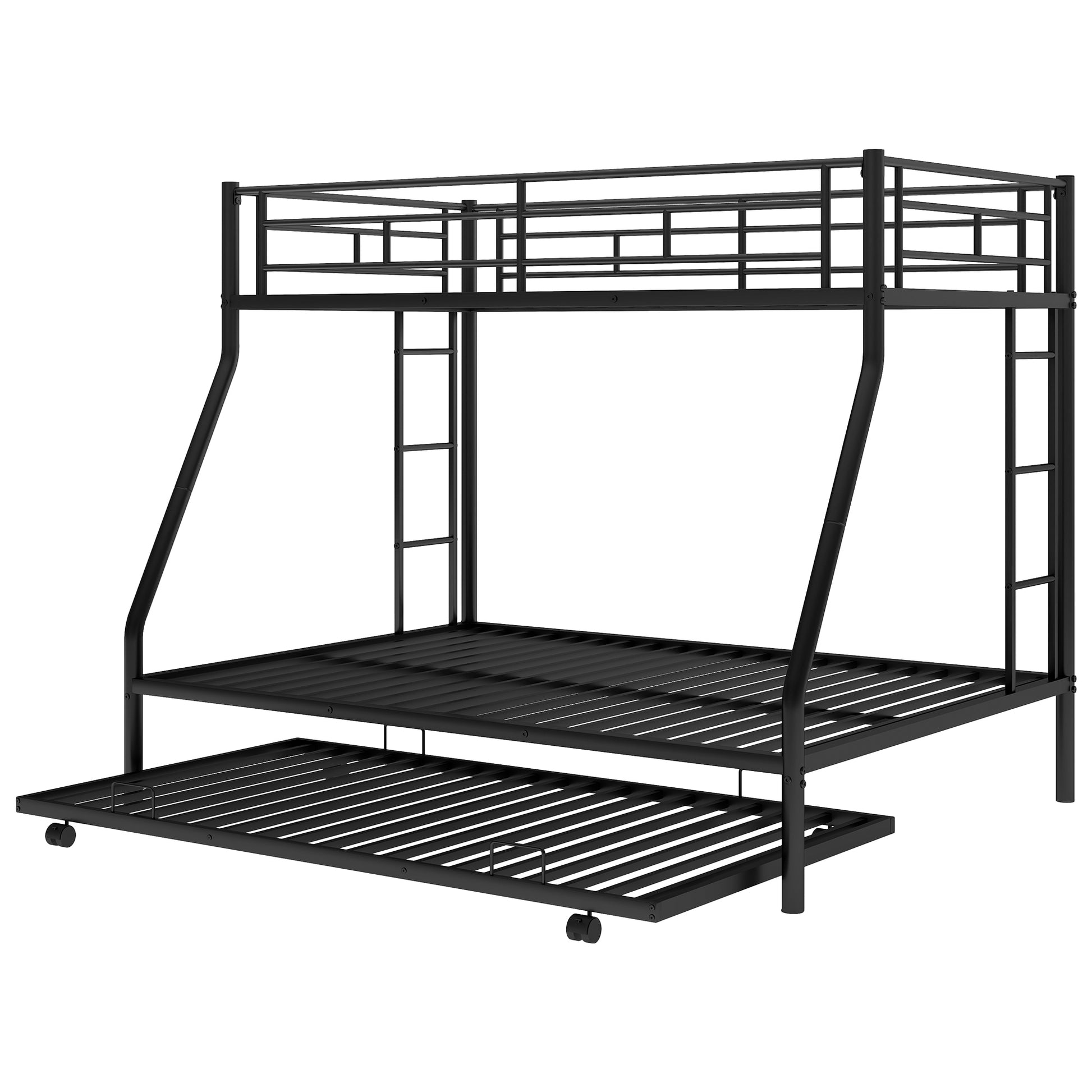 Twin Over Full Bed With Sturdy Steel Frame, Bunk Bed With Twin Size Trundle, Two Side Ladders, Black Old Sku:Mf194424Aab Black Metal