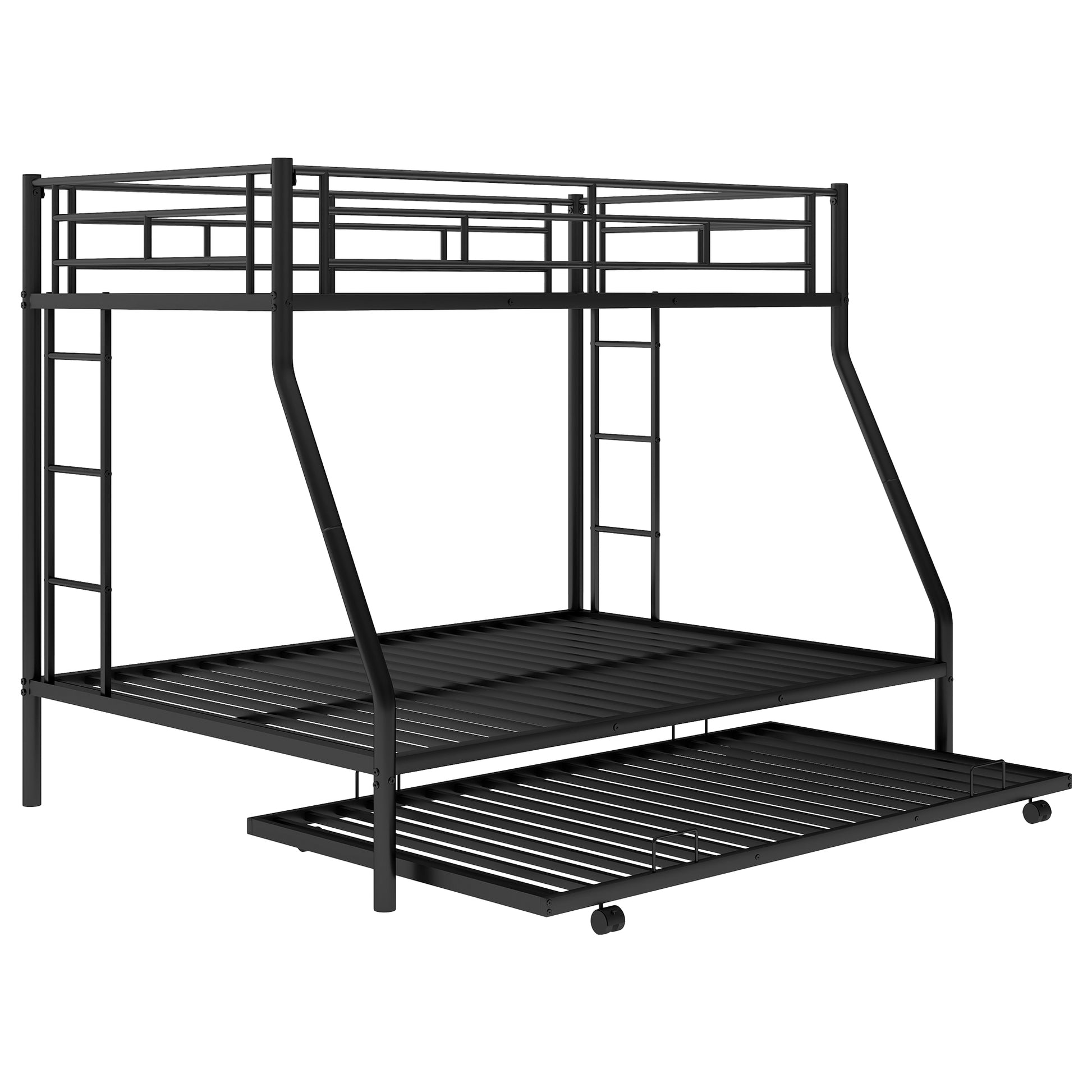 Twin Over Full Bed With Sturdy Steel Frame, Bunk Bed With Twin Size Trundle, Two Side Ladders, Black Old Sku:Mf194424Aab Black Metal