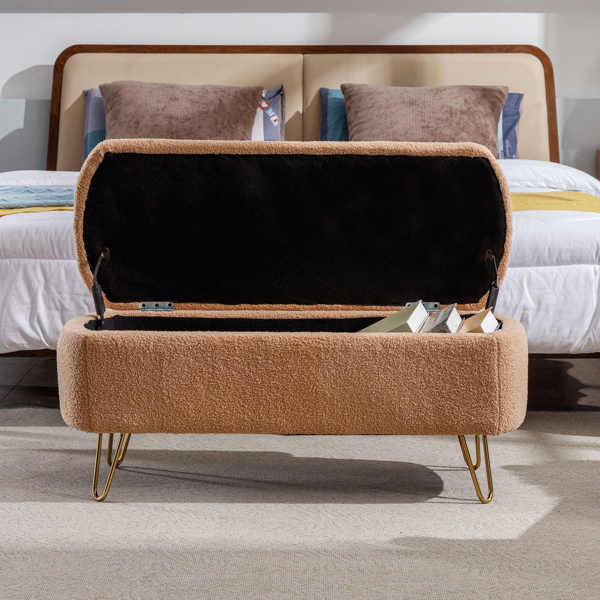 Camel Storage Ottoman Bench For End Of Bed Gold Legs, Modern Camel Faux Fur Entryway Bench Upholstered Padded With Storage For Living Room Bedroom Camel Faux Fur