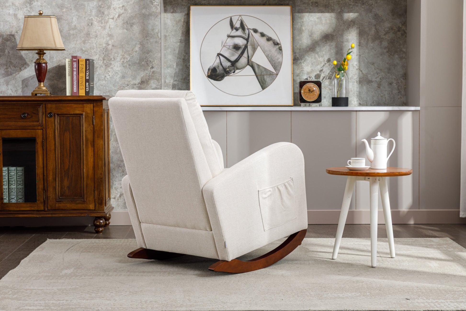 High Back Rocking Chair Nursery Chair .Comfortable Rocker Fabric Padded Seat .Modern High Back Armchair Beige Polyester