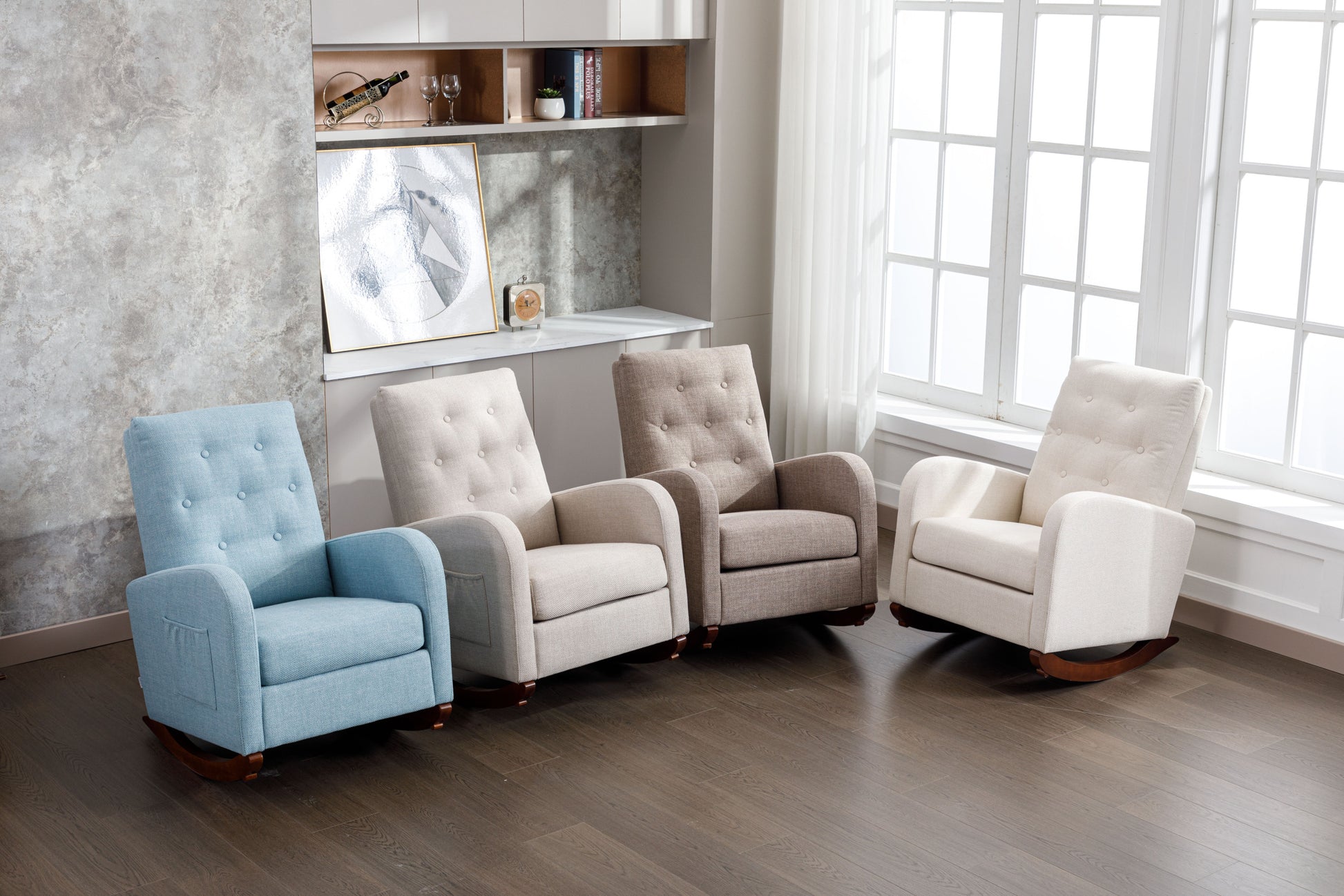 High Back Rocking Chair Nursery Chair .Comfortable Rocker Fabric Padded Seat .Modern High Back Armchair Beige Polyester